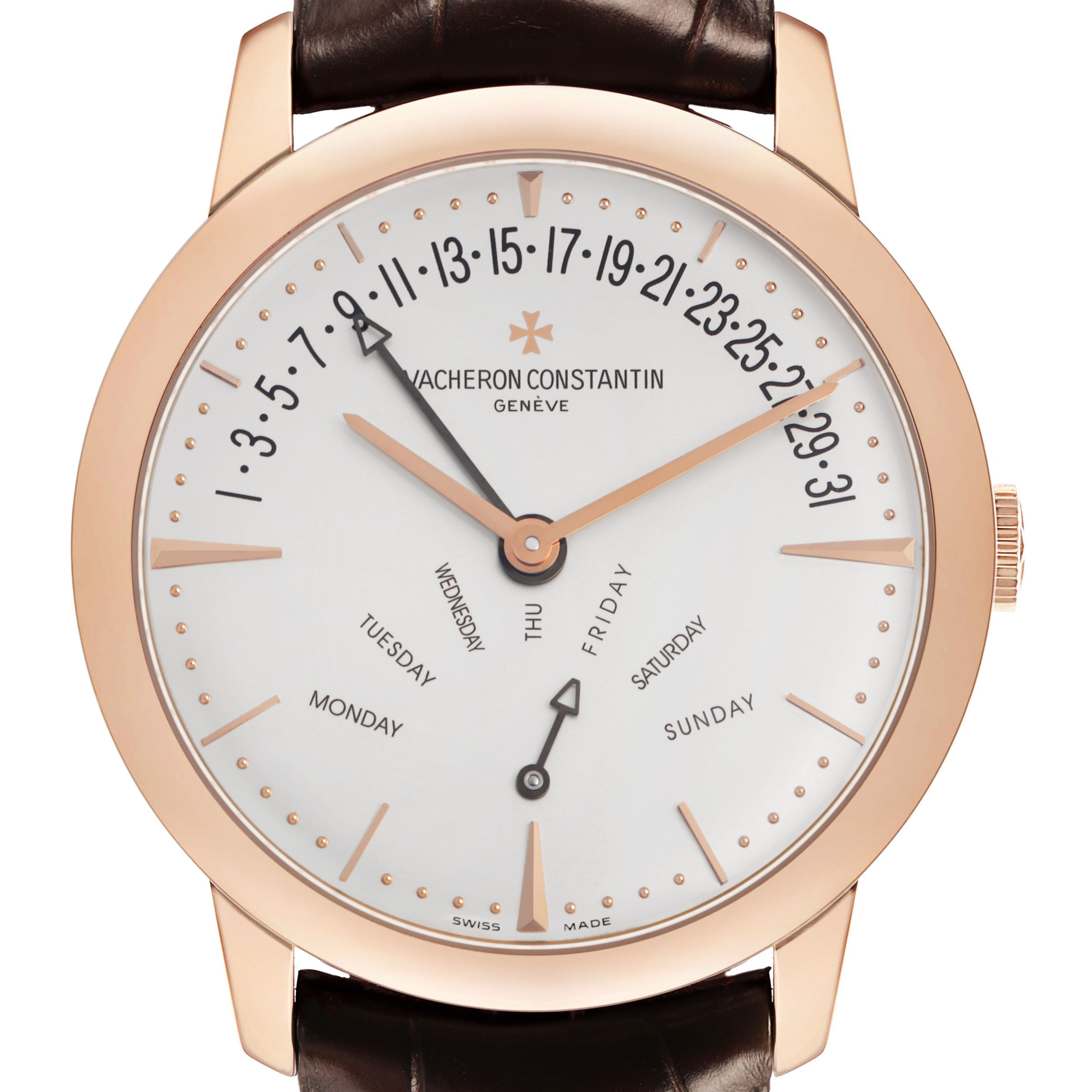 The Vacheron Constantin Patrimony 86020 Men's Rose Gold Silver Dial watch is shown from the front, highlighting the dial, hands, day, and date indicators.