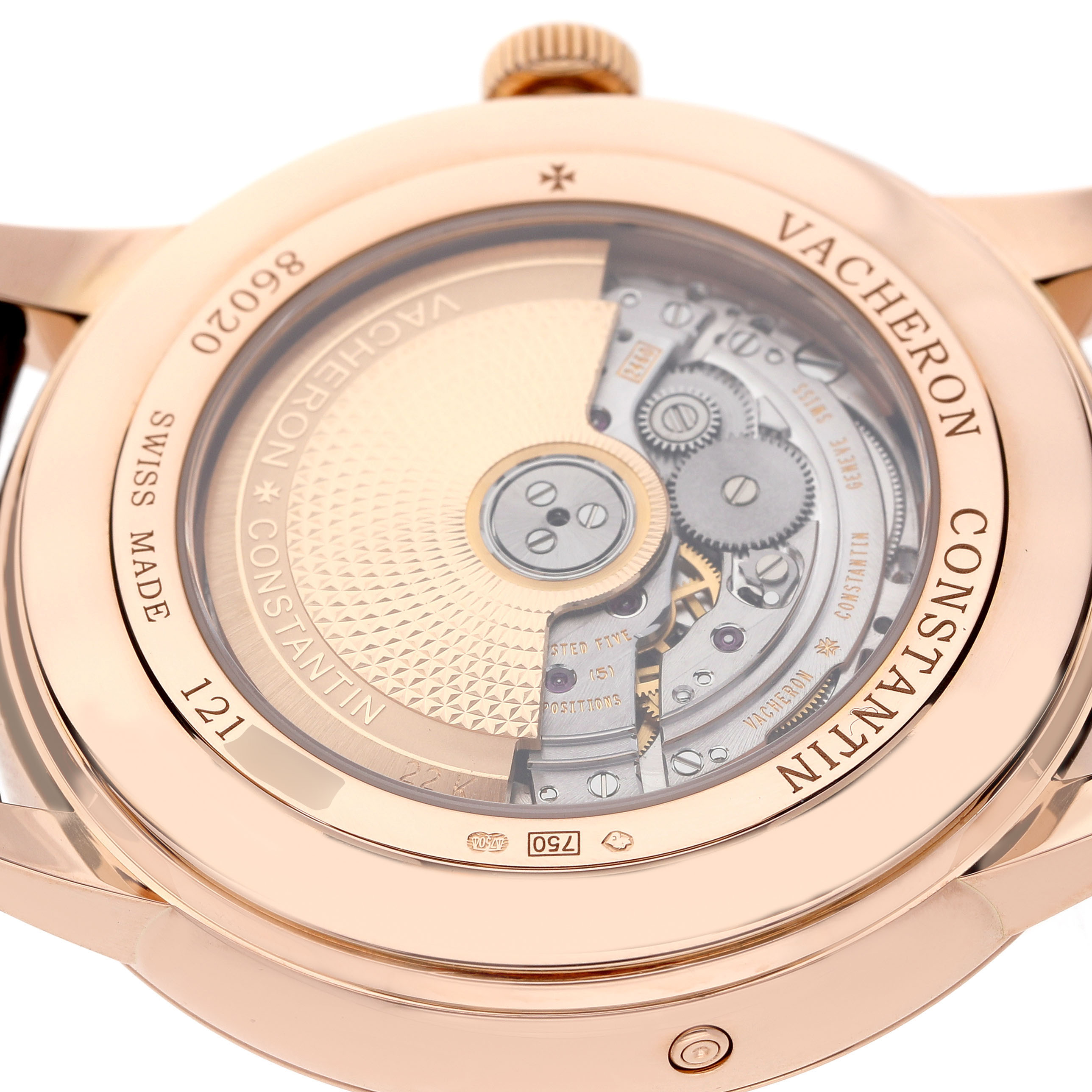 The image shows the back view of a Vacheron Constantin Patrimony 86020 Men's Rose Gold Silver Dial watch, highlighting its intricate mechanical movement.