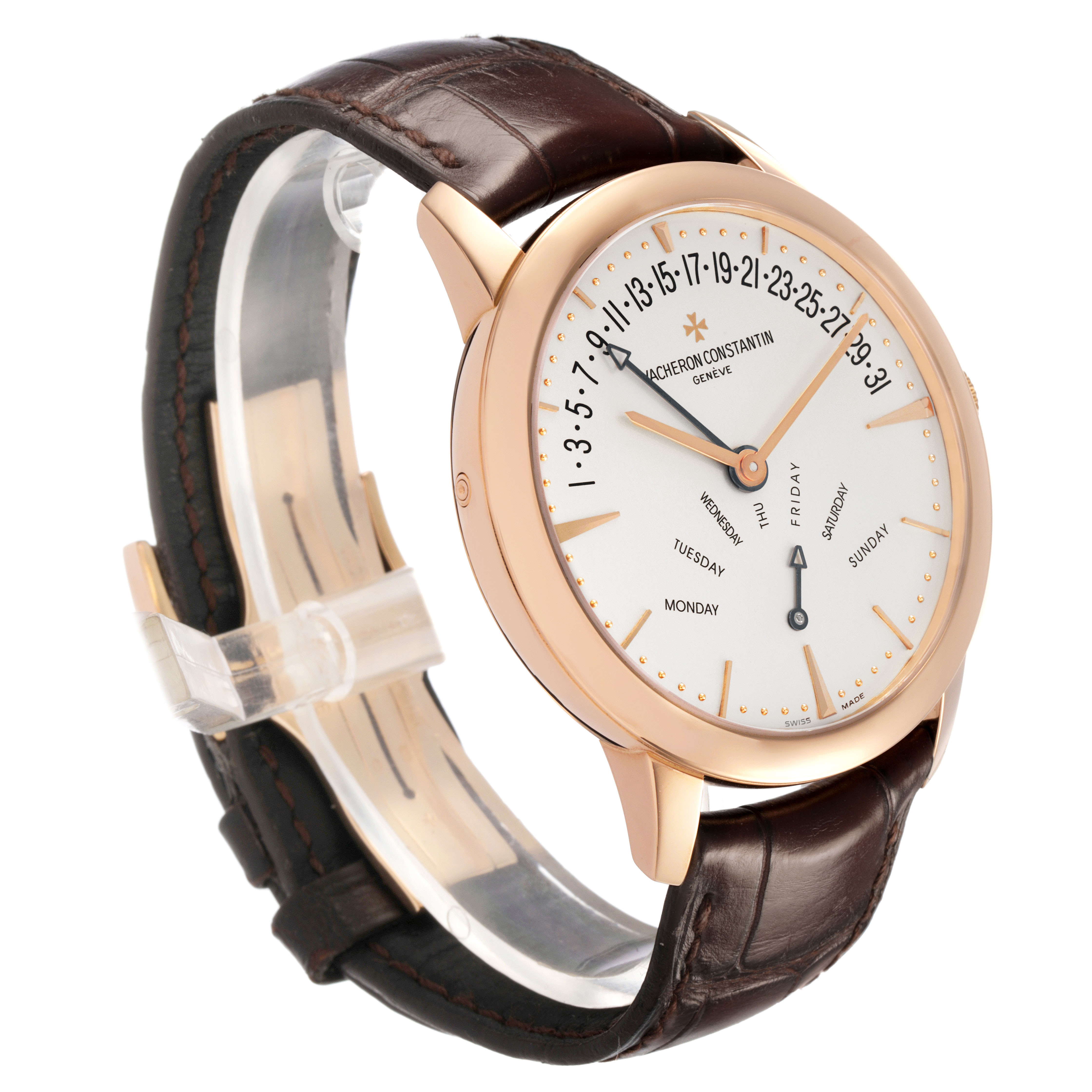 The Vacheron Constantin Patrimony 86020 Men's Rose Gold Silver Dial watch is shown at a three-quarter angle, highlighting the dial, case, and leather strap.