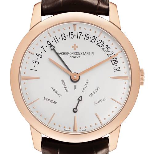 The image shows a front view of a Vacheron Constantin Patrimony 86020 Men's Rose Gold Silver Dial watch, displaying the dial, hands, date, and day indicators.