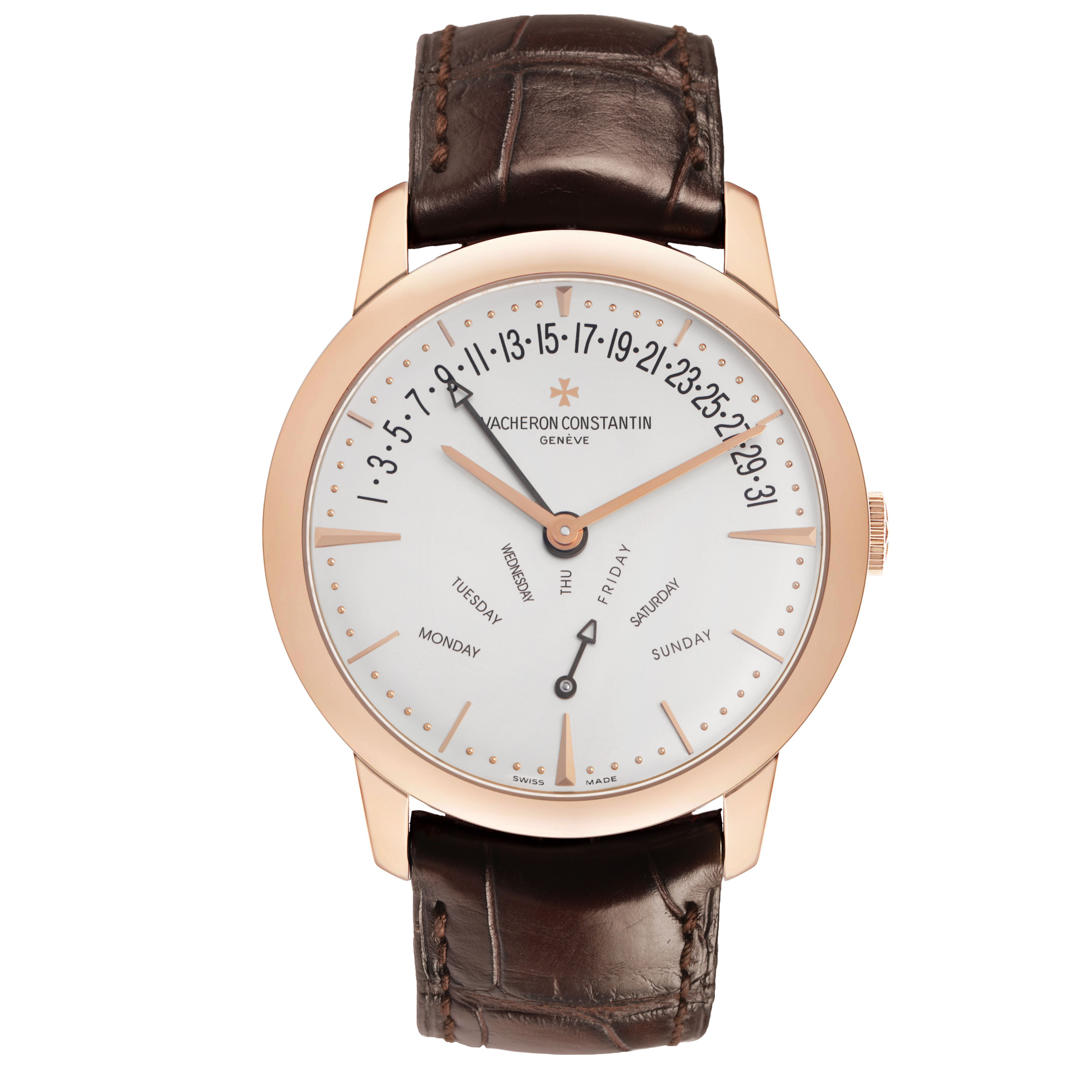 The Vacheron Constantin Patrimony 86020 Men's Rose Gold Silver Dial watch is shown from the front, displaying its rose gold case, white dial, date, and day indicators.