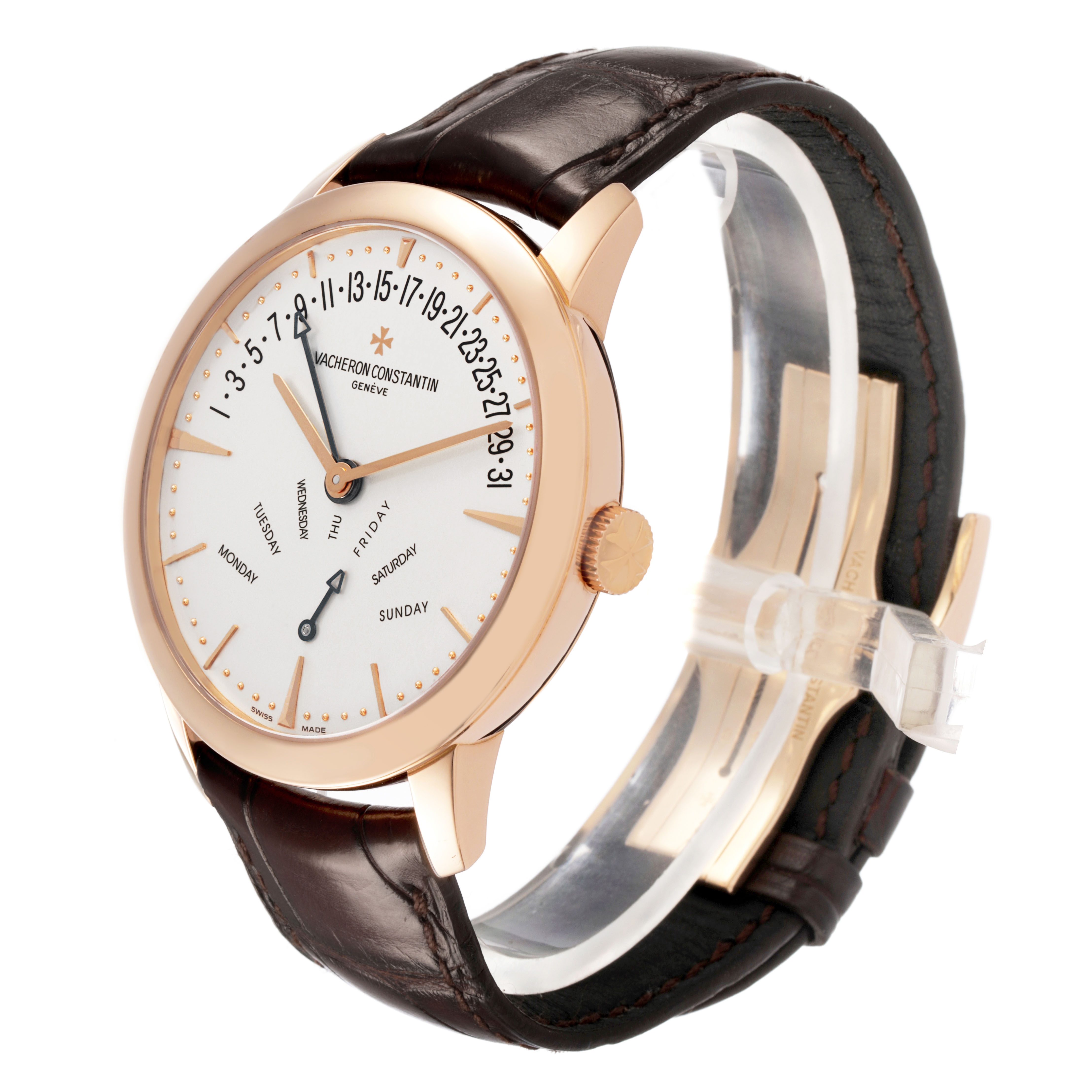The Vacheron Constantin Patrimony 86020 Men's Rose Gold Silver Dial watch is shown from a three-quarter angle, highlighting the dial, bezel, and leather strap.