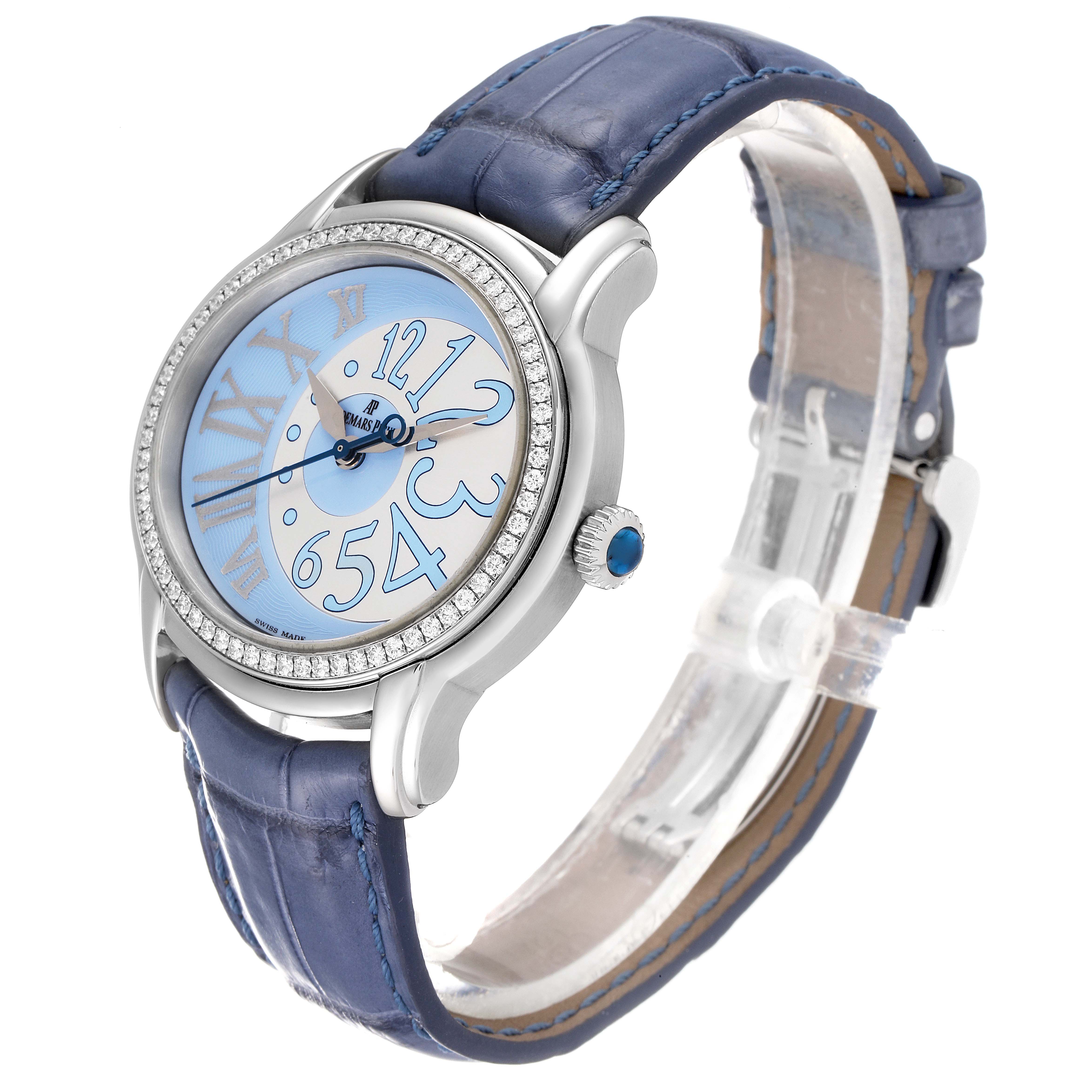 The Audemars Piguet Millenary 77301ST.ZZ.D303CR.01 Women's Stainless Steel Silver Dial 77301ST.ZZ.D303CR.01 Women's Stainless Steel Silver Dial watch is displayed at a slight angle, showcasing the dial, case, bezel, strap, and crown.