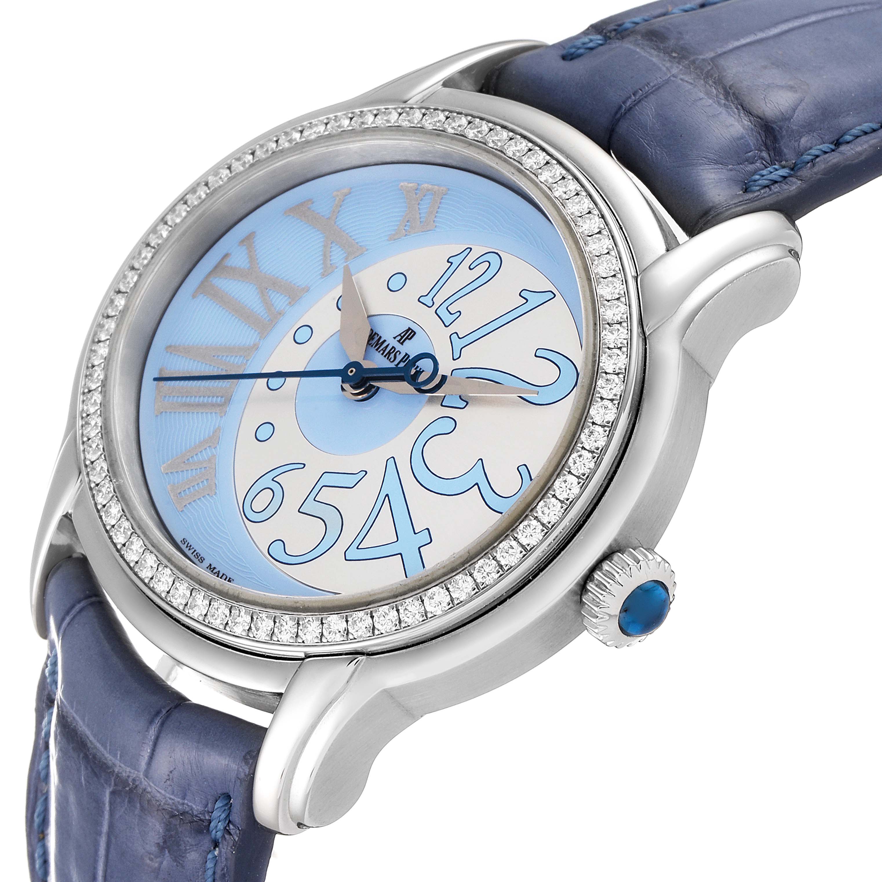 The image shows a side angle of the Audemars Piguet Millenary 77301ST.ZZ.D303CR.01 Women's Stainless Steel Silver Dial 77301ST.ZZ.D303CR.01 Women's Stainless Steel Silver Dial watch, highlighting its bezel, crown, dial, and strap.