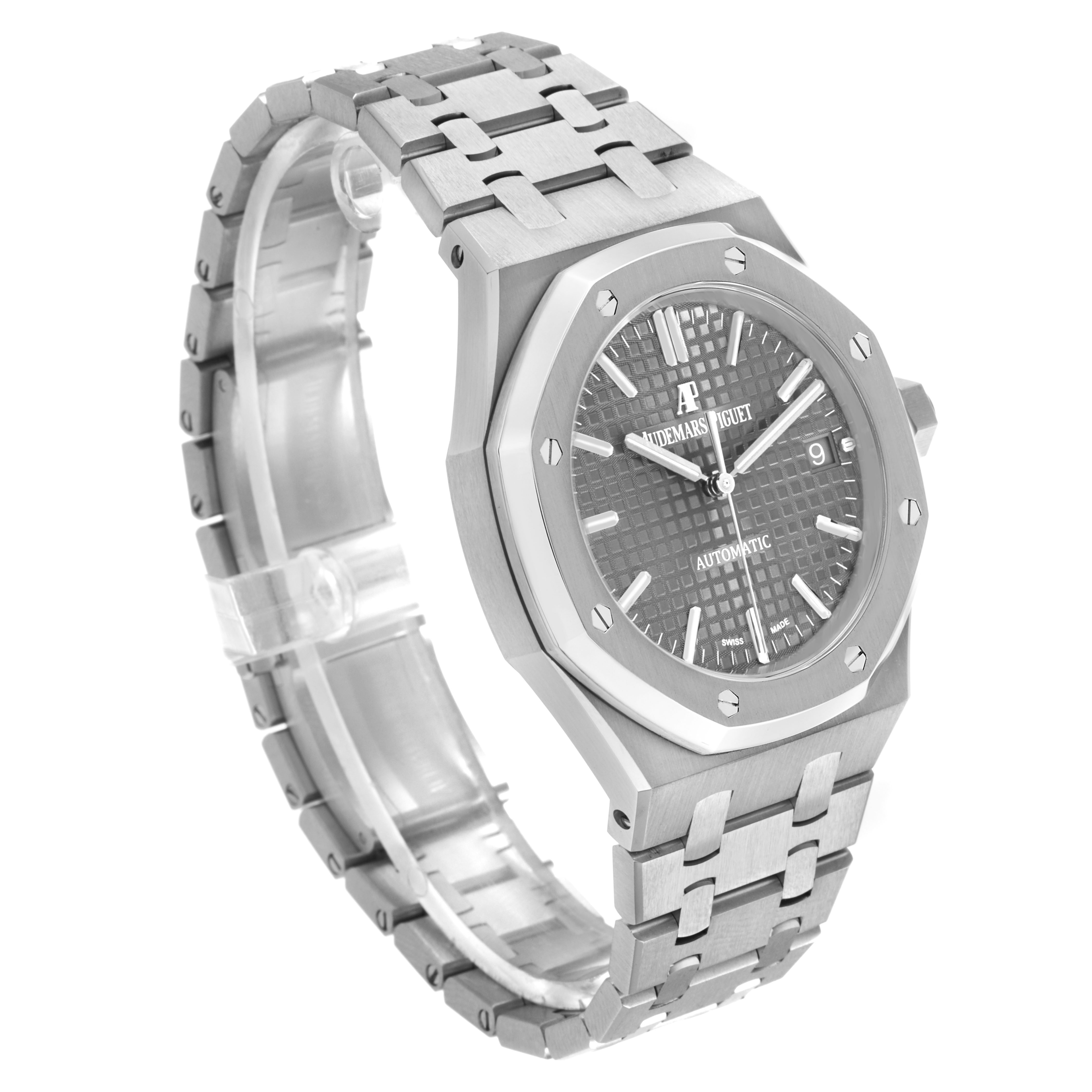 The Audemars Piguet Royal Oak 15450ST.OO.1256ST.01 Men's Stainless Steel Silver Dial watch is shown at a three-quarter angle, displaying the bracelet, case, bezel, and dial.