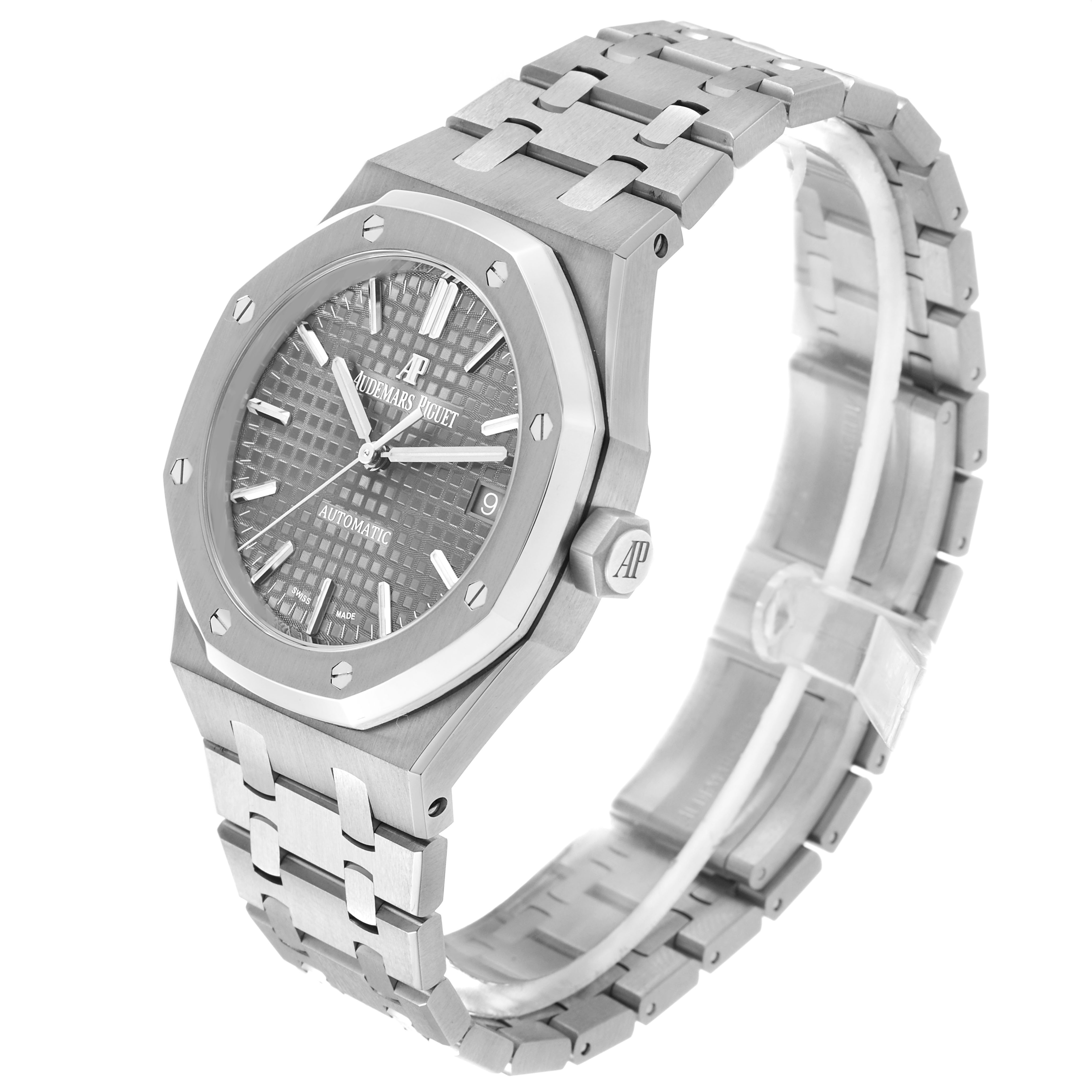 The Royal Oak by Audemars Piguet is shown at a three-quarter angle, highlighting the case, bracelet, and hexagonal bezel.