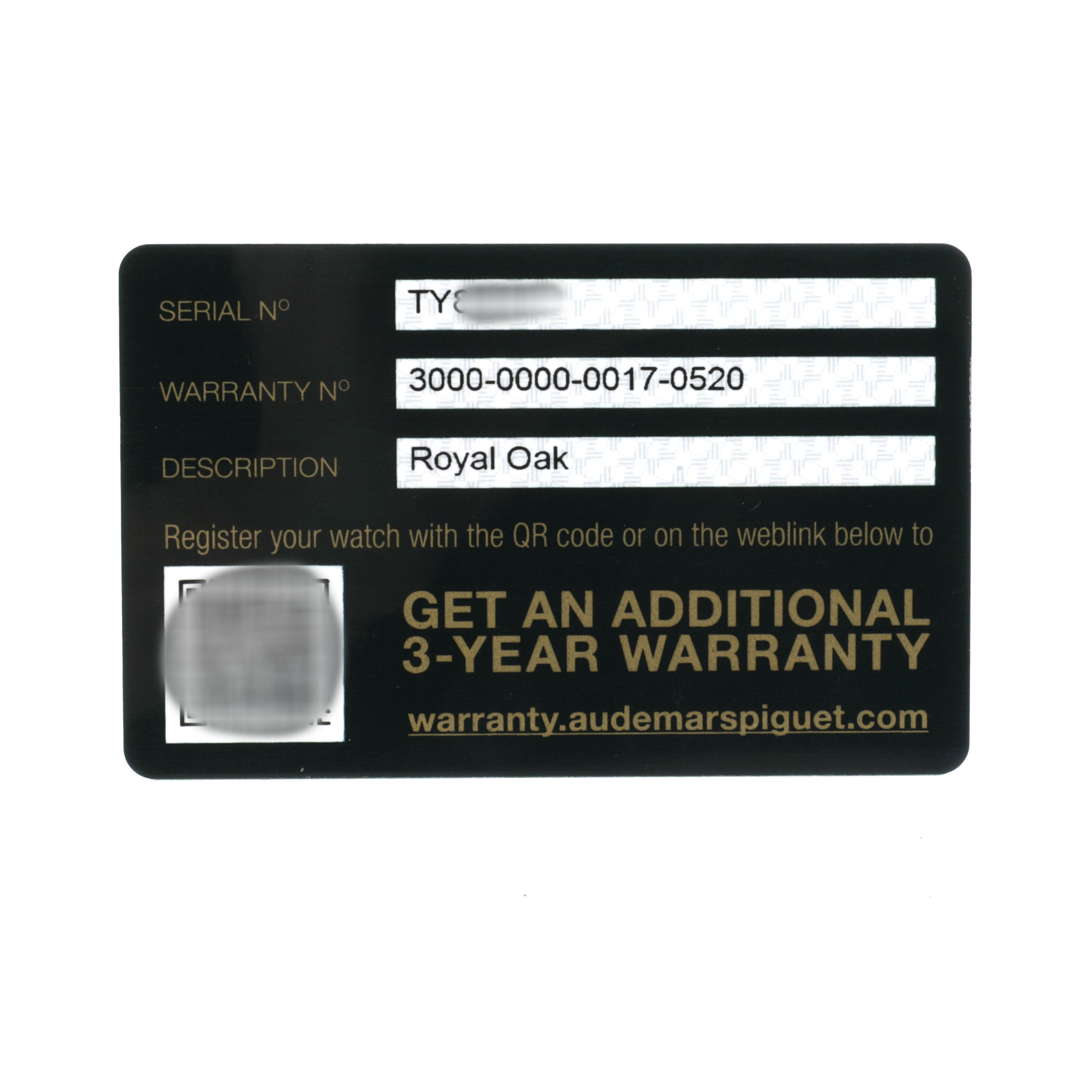 The image shows a warranty card for the Royal Oak model by Audemars Piguet, displaying serial, warranty number, and registration details.