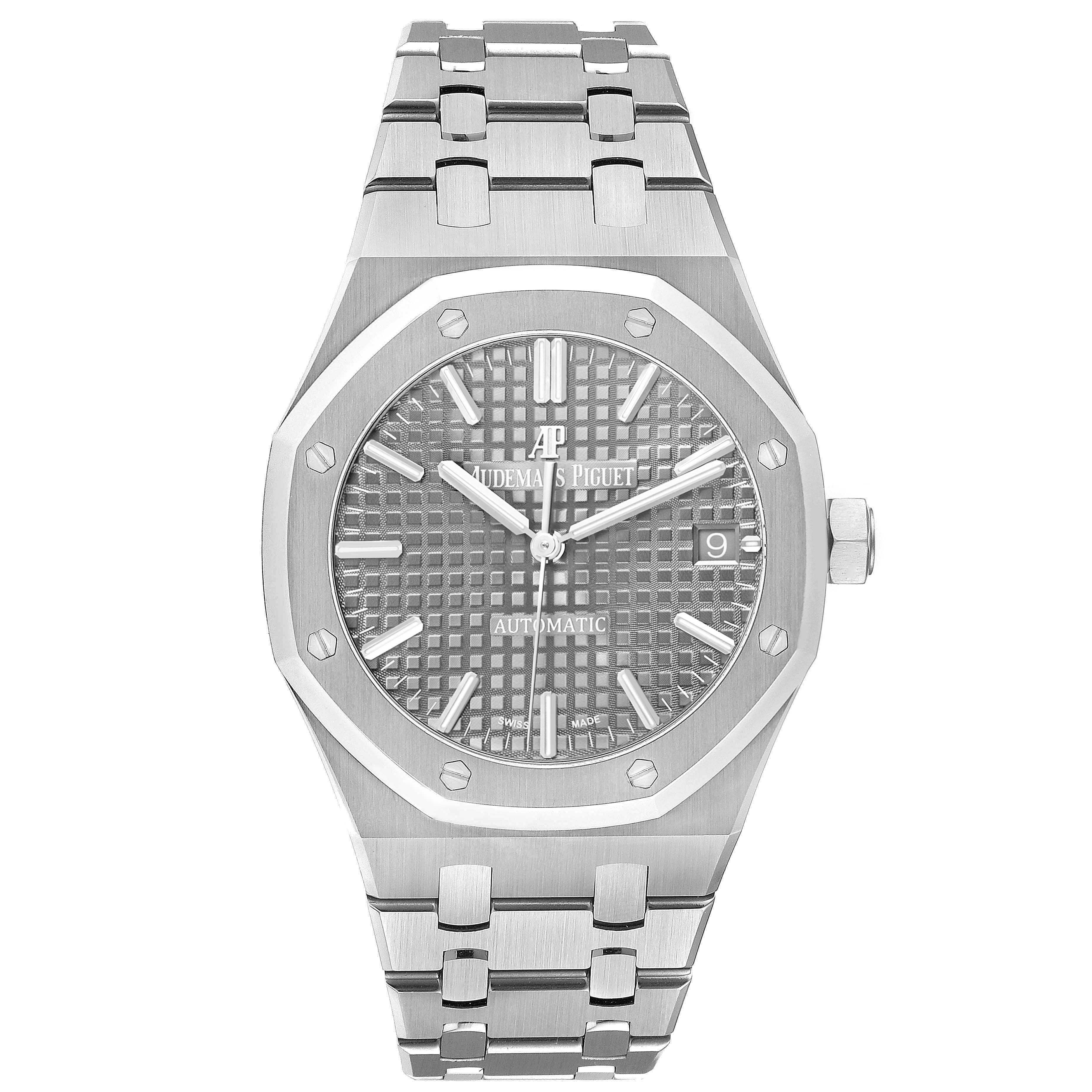 The image shows a front view of the Audemars Piguet Royal Oak 15450ST.OO.1256ST.01 Men's Stainless Steel Silver Dial watch, highlighting its bracelet, octagonal bezel, and dial.