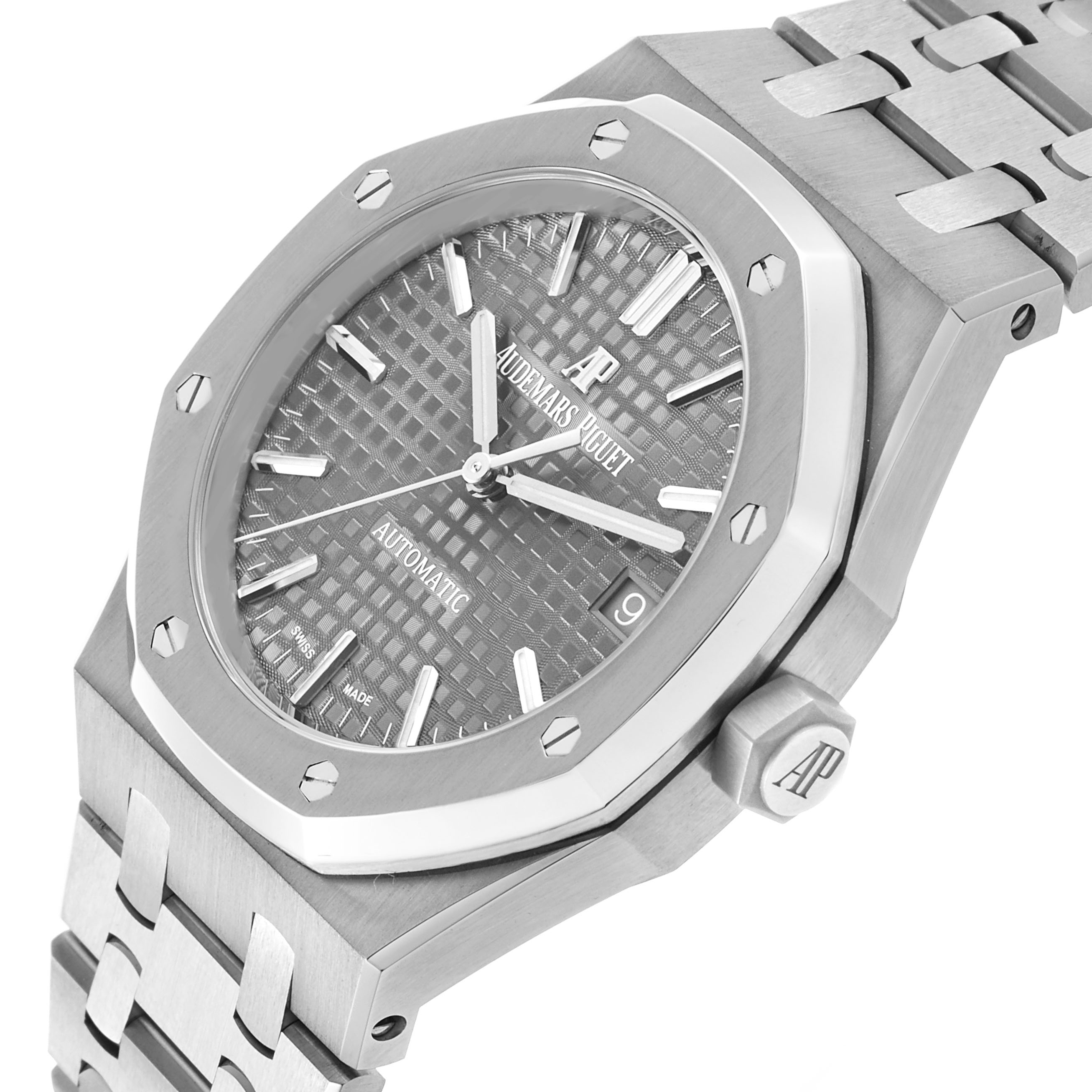 The Audemars Piguet Royal Oak 15450ST.OO.1256ST.01 Men's Stainless Steel Silver Dial watch is shown at a three-quarter angle, highlighting the dial, bezel, bracelet, and crown.