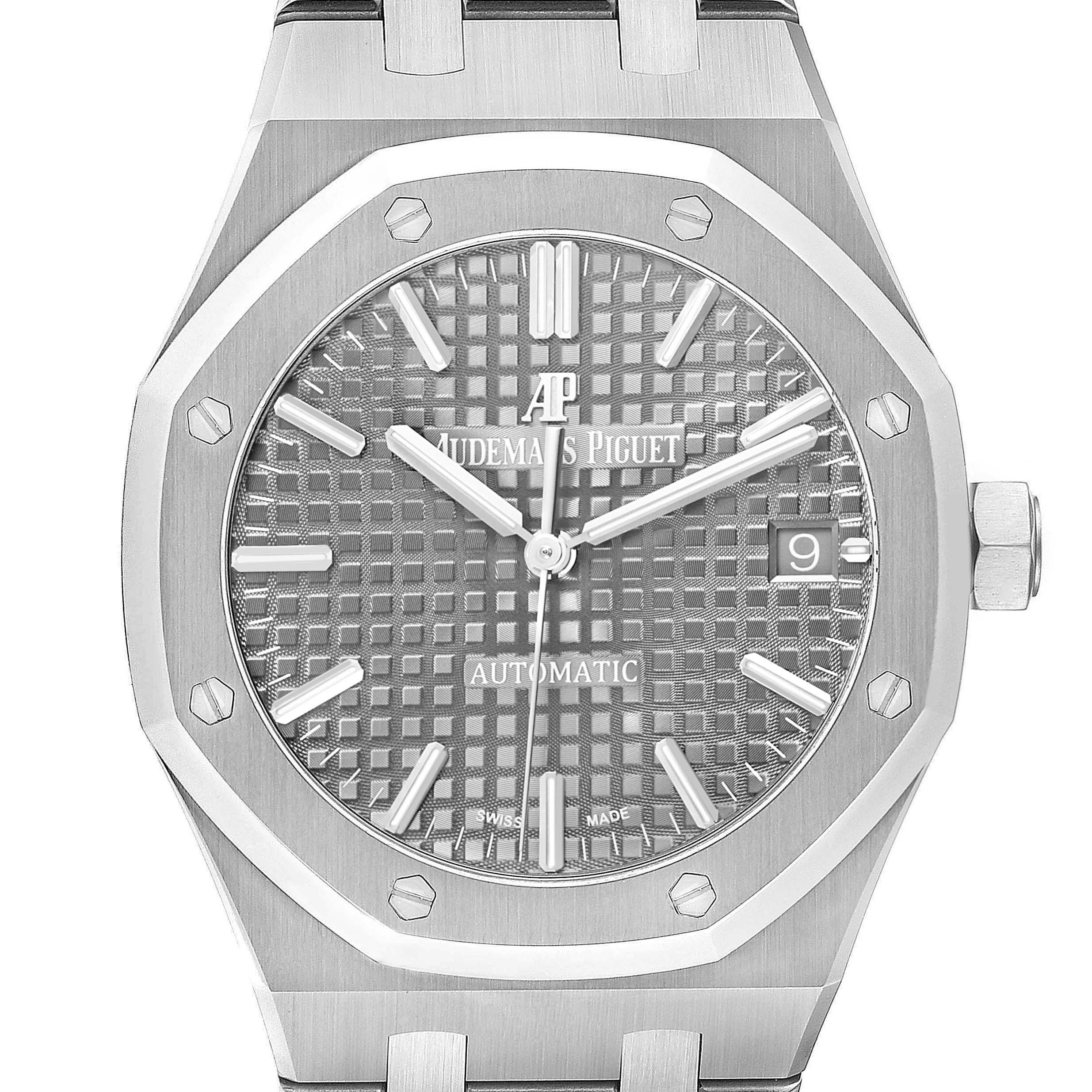 The Audemars Piguet Royal Oak 15450ST.OO.1256ST.01 Men's Stainless Steel Silver Dial watch is shown from a front angle, highlighting its bezel, dial, hands, and bracelet.