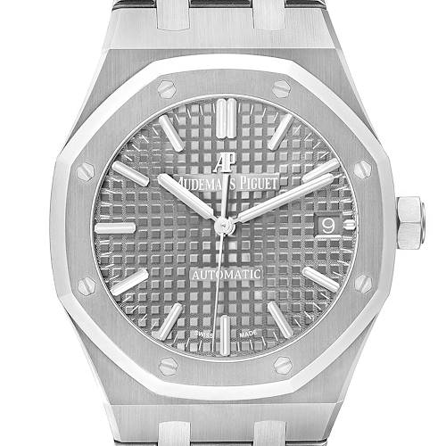 The image shows a front view of the Audemars Piguet Royal Oak 15450ST.OO.1256ST.01 Men's Stainless Steel Silver Dial watch, highlighting its octagonal bezel, textured dial, and bracelet link.