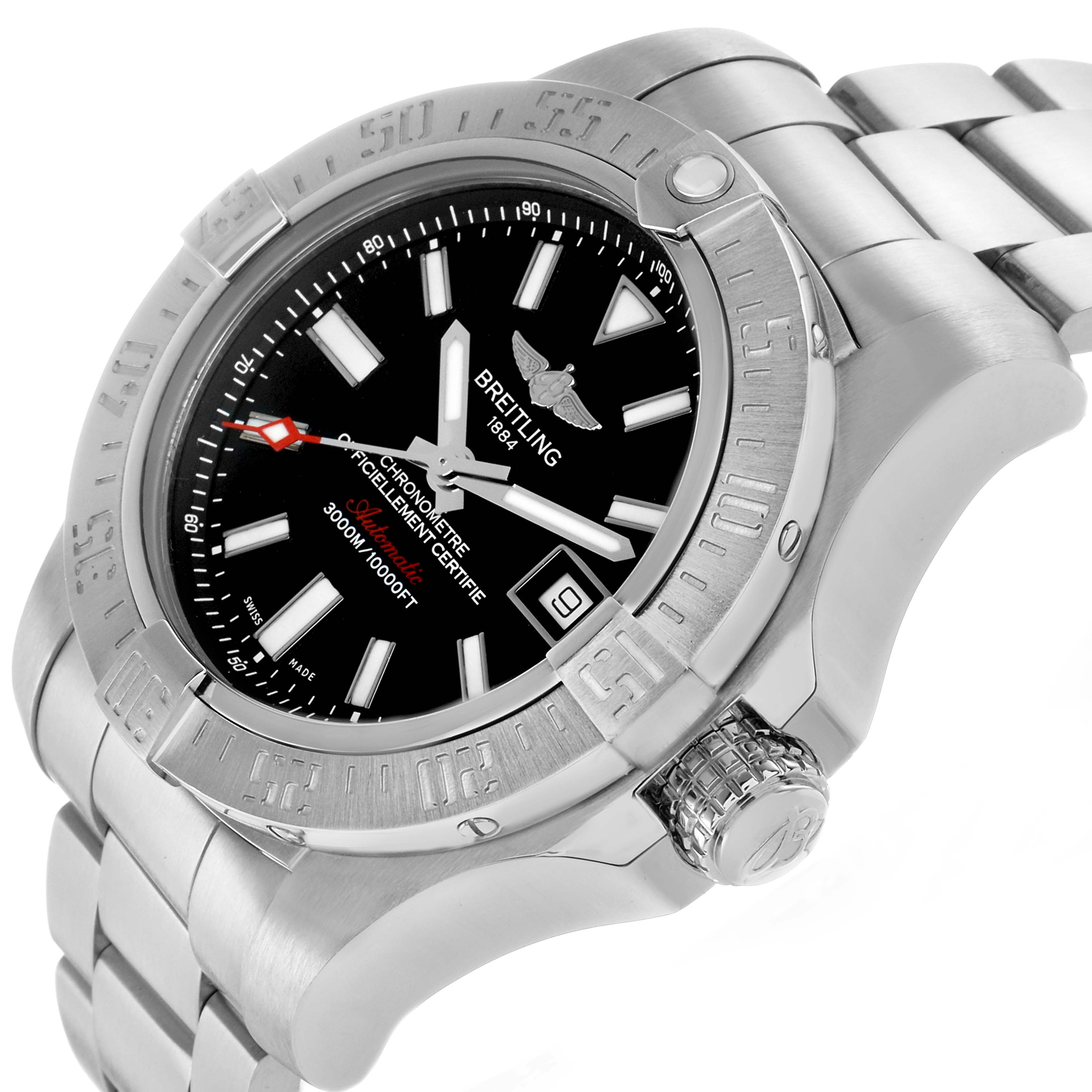 The Breitling Avenger A17331 Men
s Stainless Steel Black Dial is shown at a three-quarter angle, highlighting the bezel, dial, crown, and part of the bracelet.