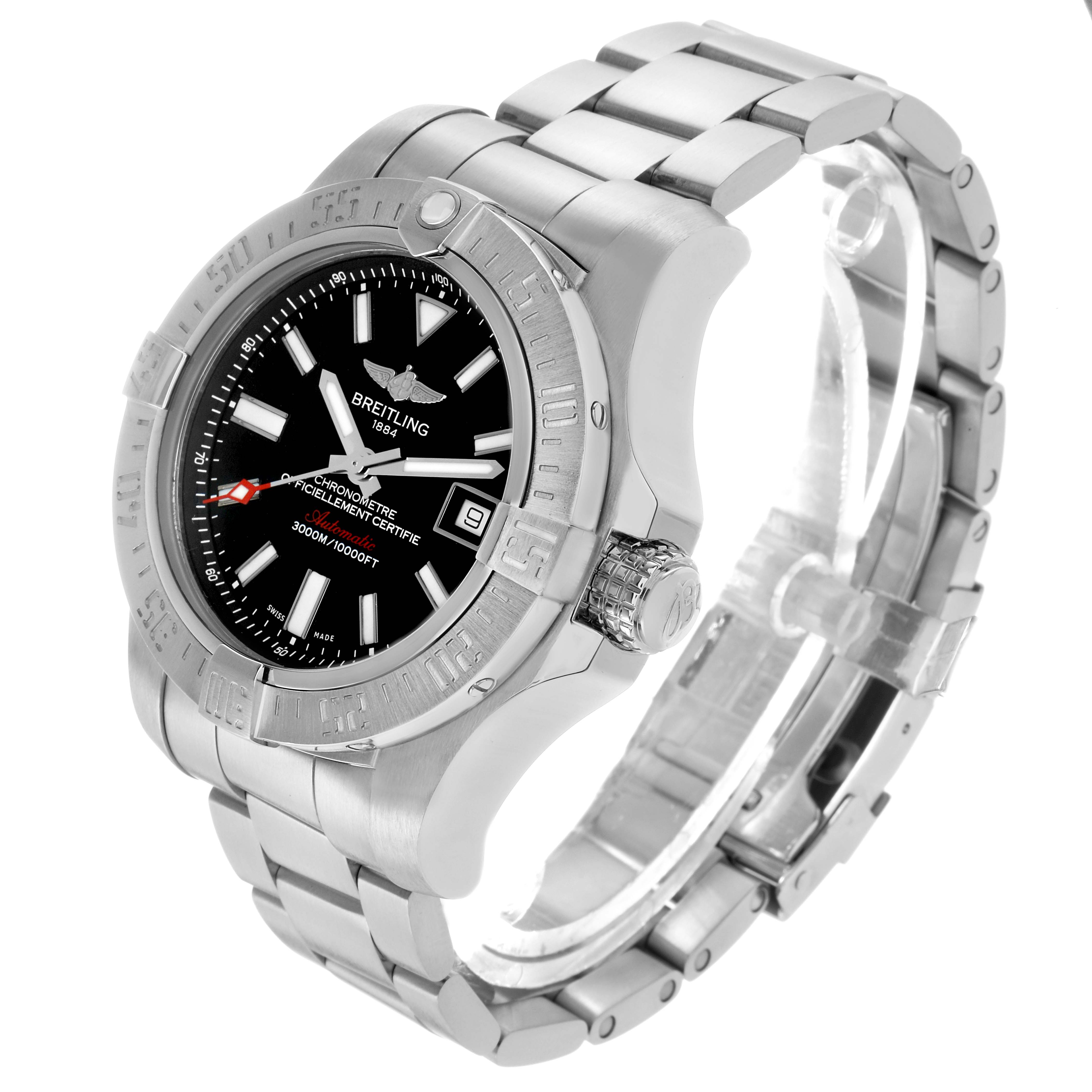 The Breitling Avenger A17331 Men
s Stainless Steel Black Dial watch is shown at a slight angled view, displaying its face, bezel, crown, and bracelet.