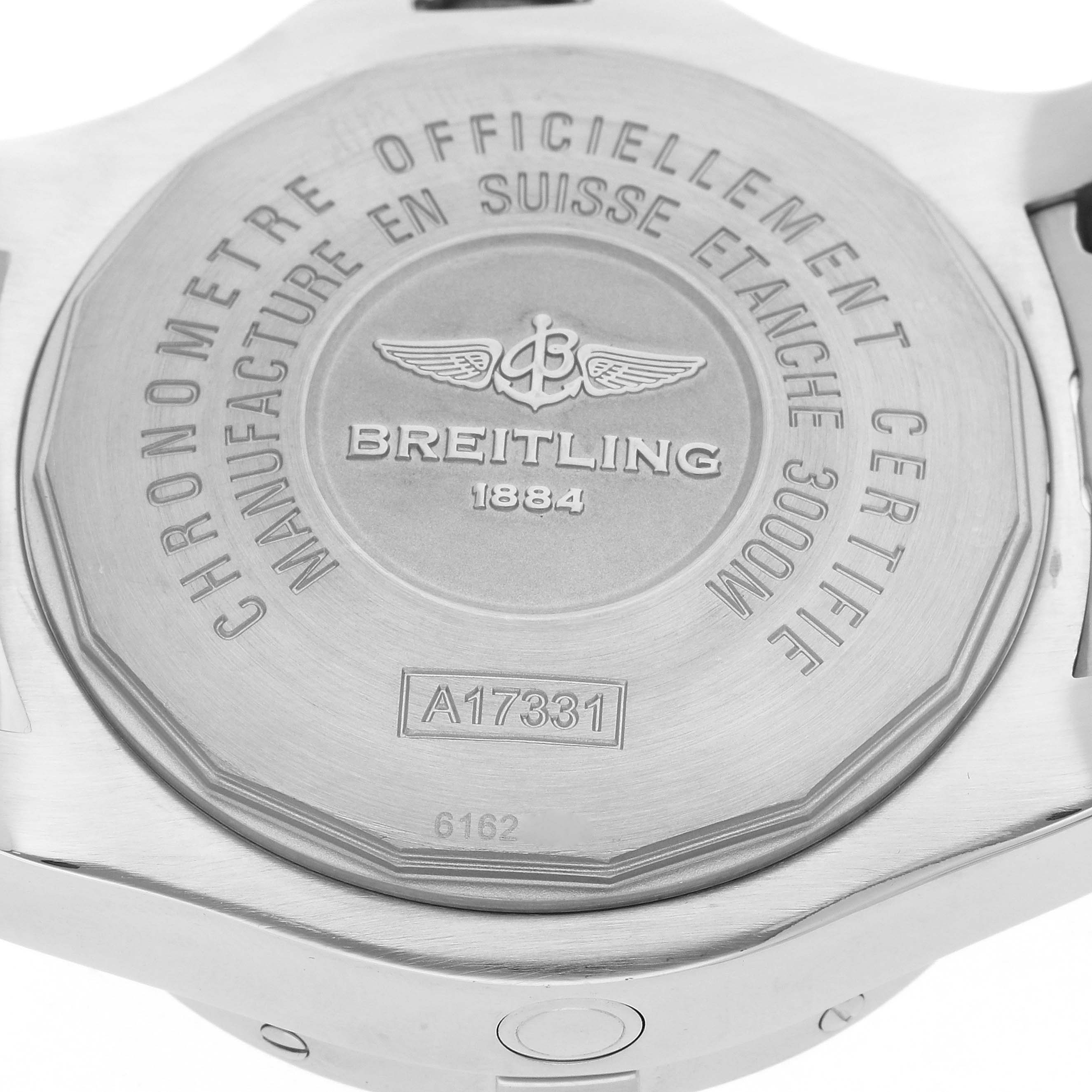 The image shows the back case of the Breitling Avenger A17331 Men
s Stainless Steel Black Dial watch, highlighting engravings and branding details.