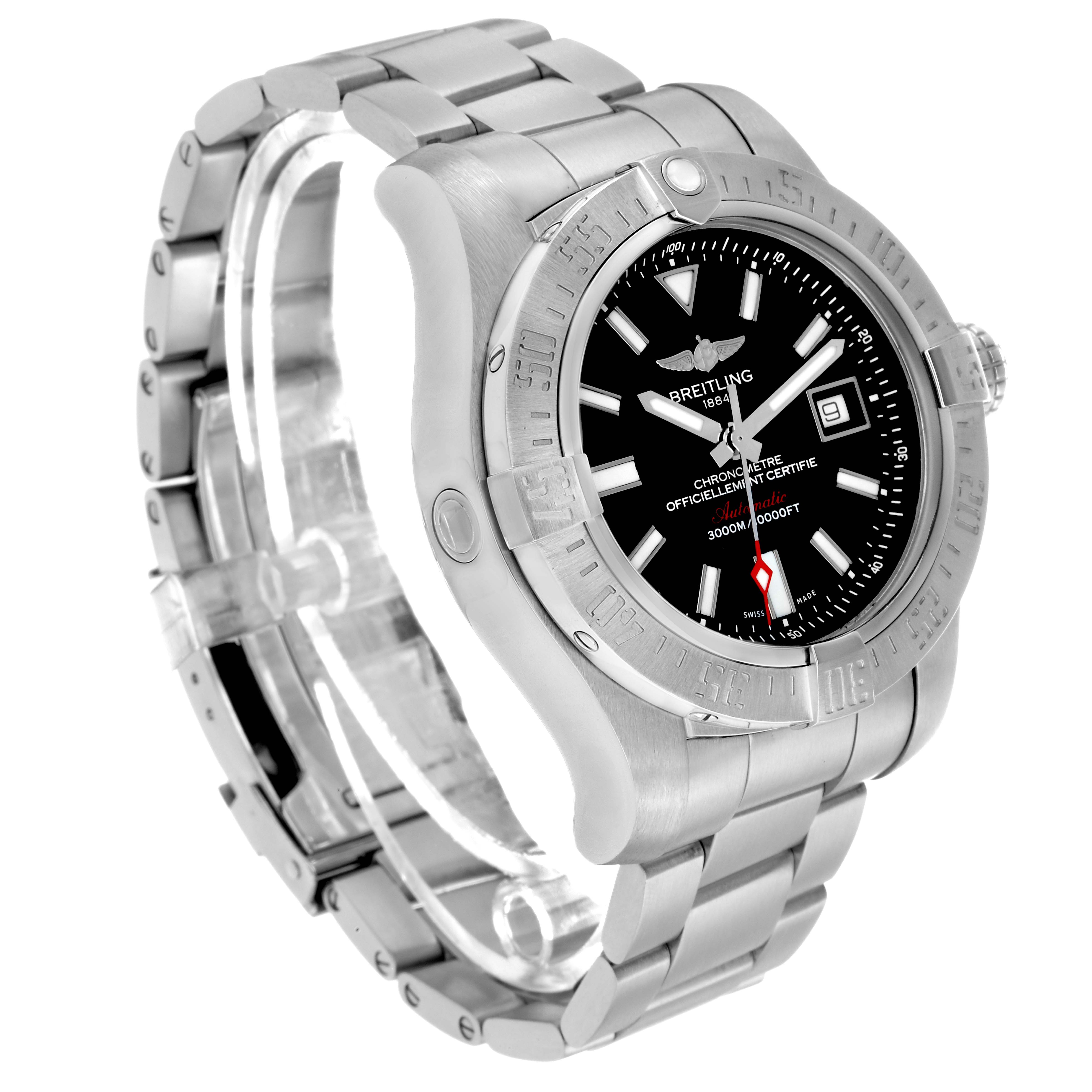 The Breitling Avenger A17331 Men
s Stainless Steel Black Dial watch is shown at an angled side view, displaying the dial, bezel, and stainless steel bracelet.