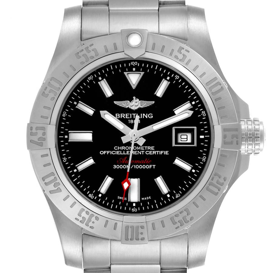 The Breitling Avenger A17331 Men's Stainless Steel Black Dial watch is displayed face-on, showing the dial, bezel, and part of the bracelet.