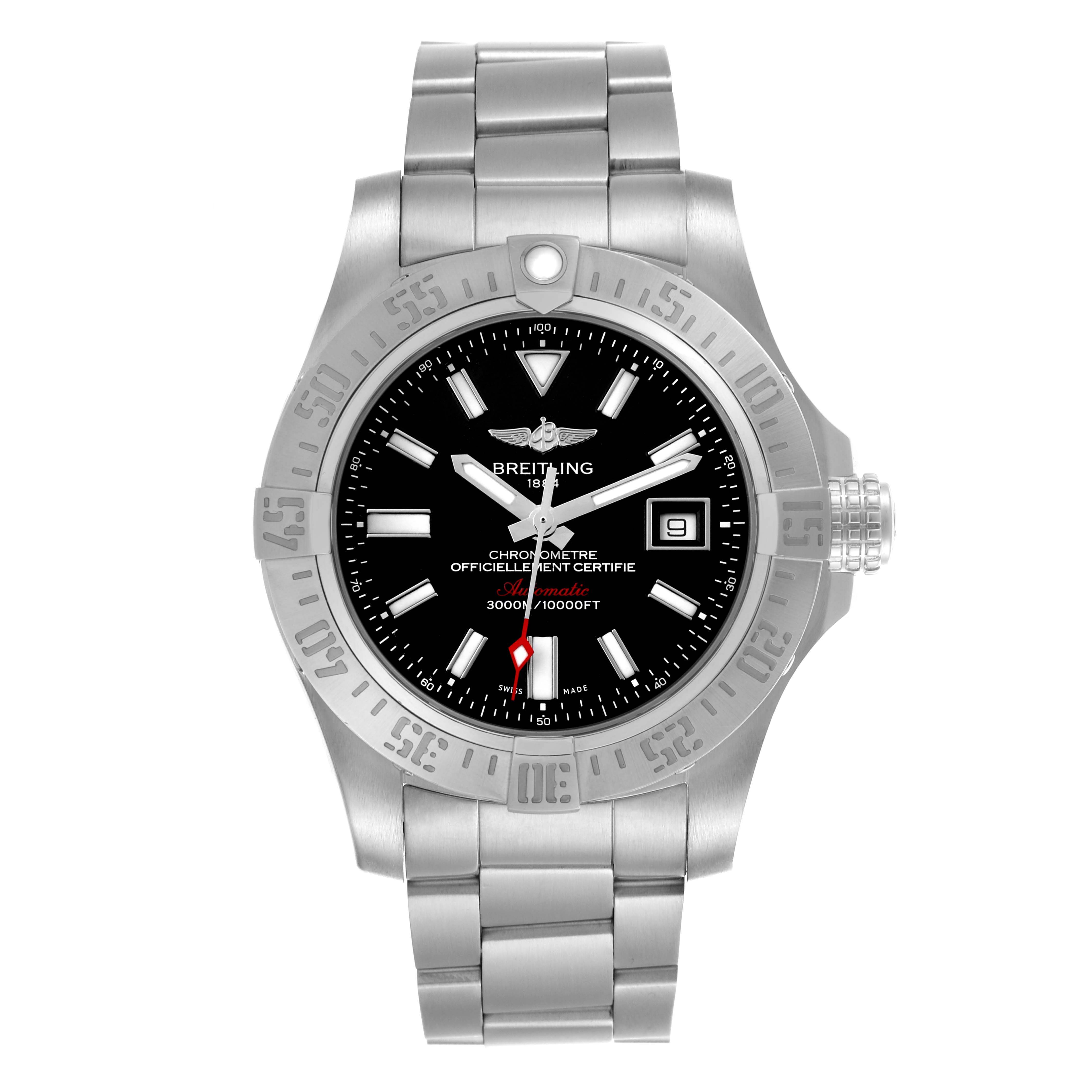 The Breitling Avenger A17331 Men
s Stainless Steel Black Dial watch is shown from a top-down angle, displaying the face, bezel, and bracelet.