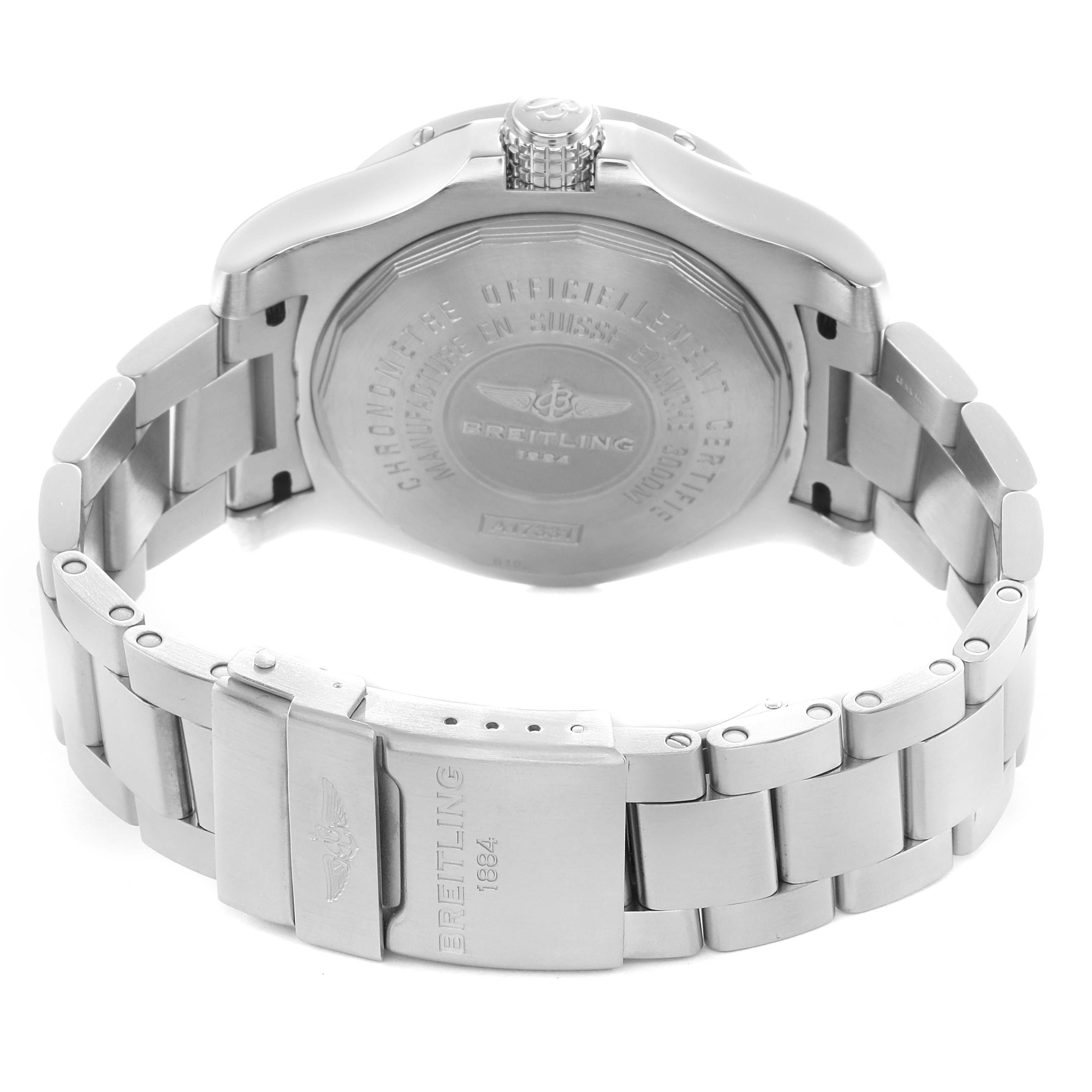 The image shows the back view of a Breitling Avenger A17331 Men
s Stainless Steel Black Dial watch, highlighting its stainless steel bracelet and clasp.
