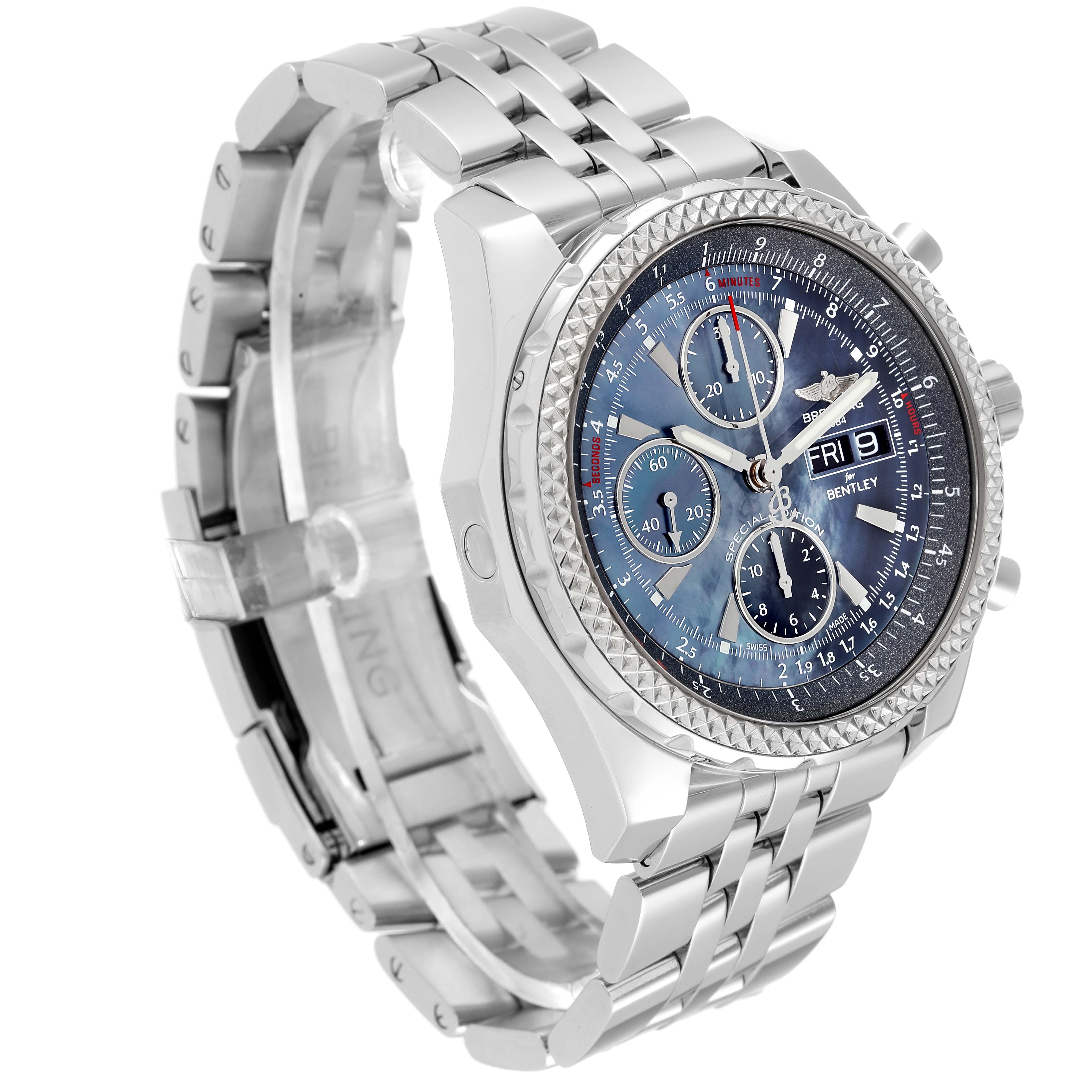 The image shows the Bentley model by Breitling angled to display the face, bezel, and part of the bracelet.