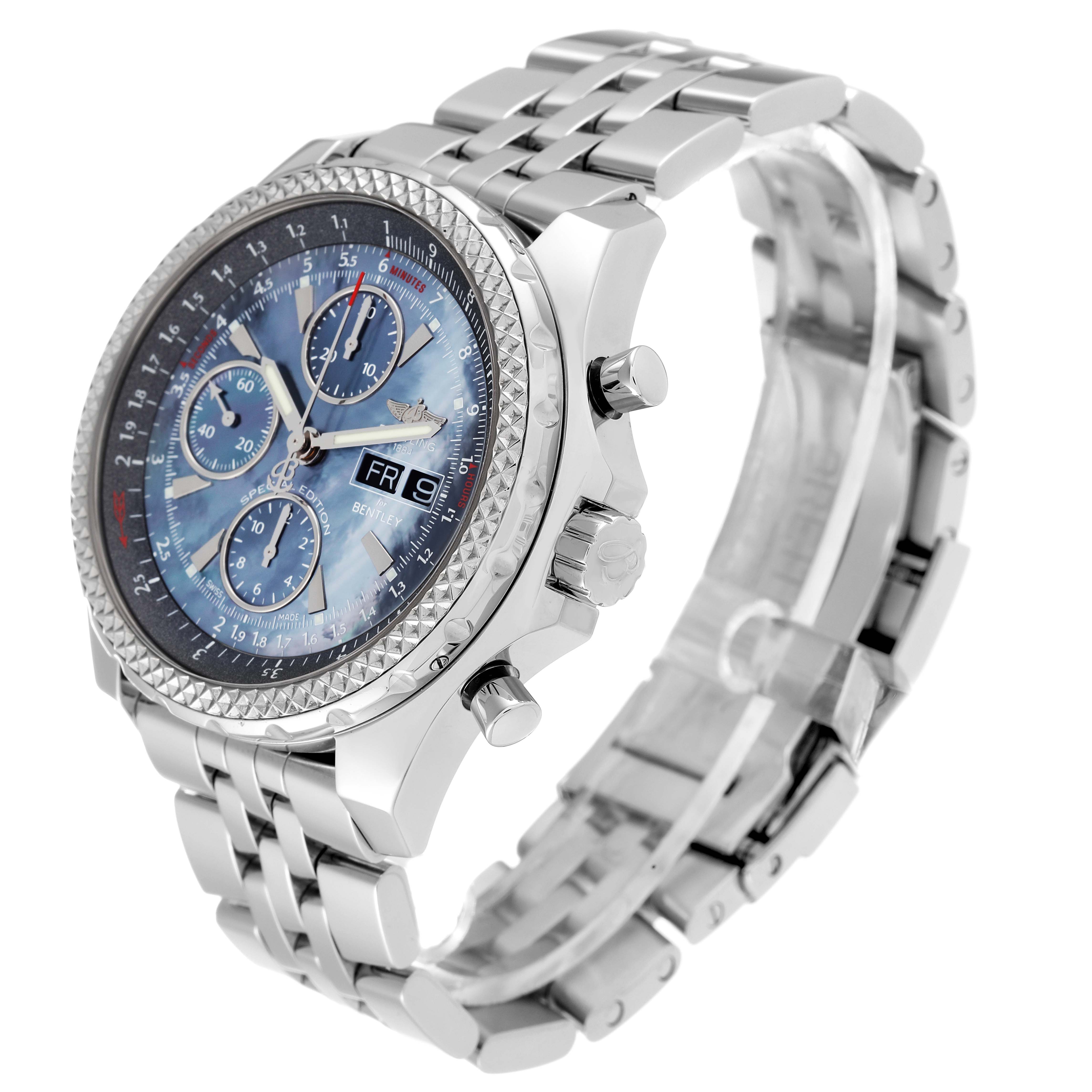 The image shows a side angle view of the Breitling Bentley A13362 Men's Stainless Steel Mother of Pearl Dial A13362 Men's Stainless Steel Mother of Pearl Dial watch, highlighting the dial, bezel, pushers, and metal bracelet.