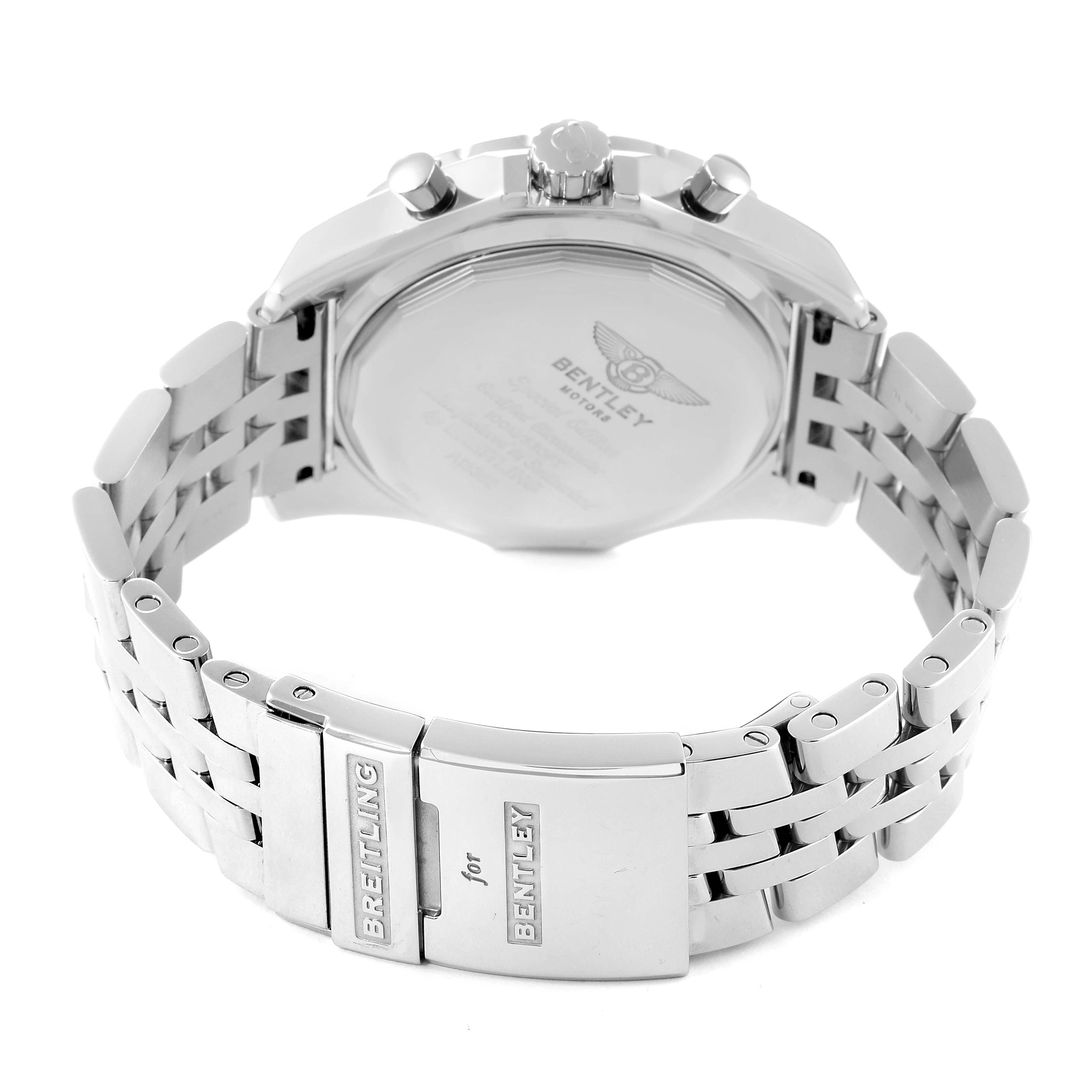 The image shows the back view of a Breitling Bentley A13362 Men's Stainless Steel Mother of Pearl Dial A13362 Men's Stainless Steel Mother of Pearl Dial watch, highlighting its clasp and metal bracelet.