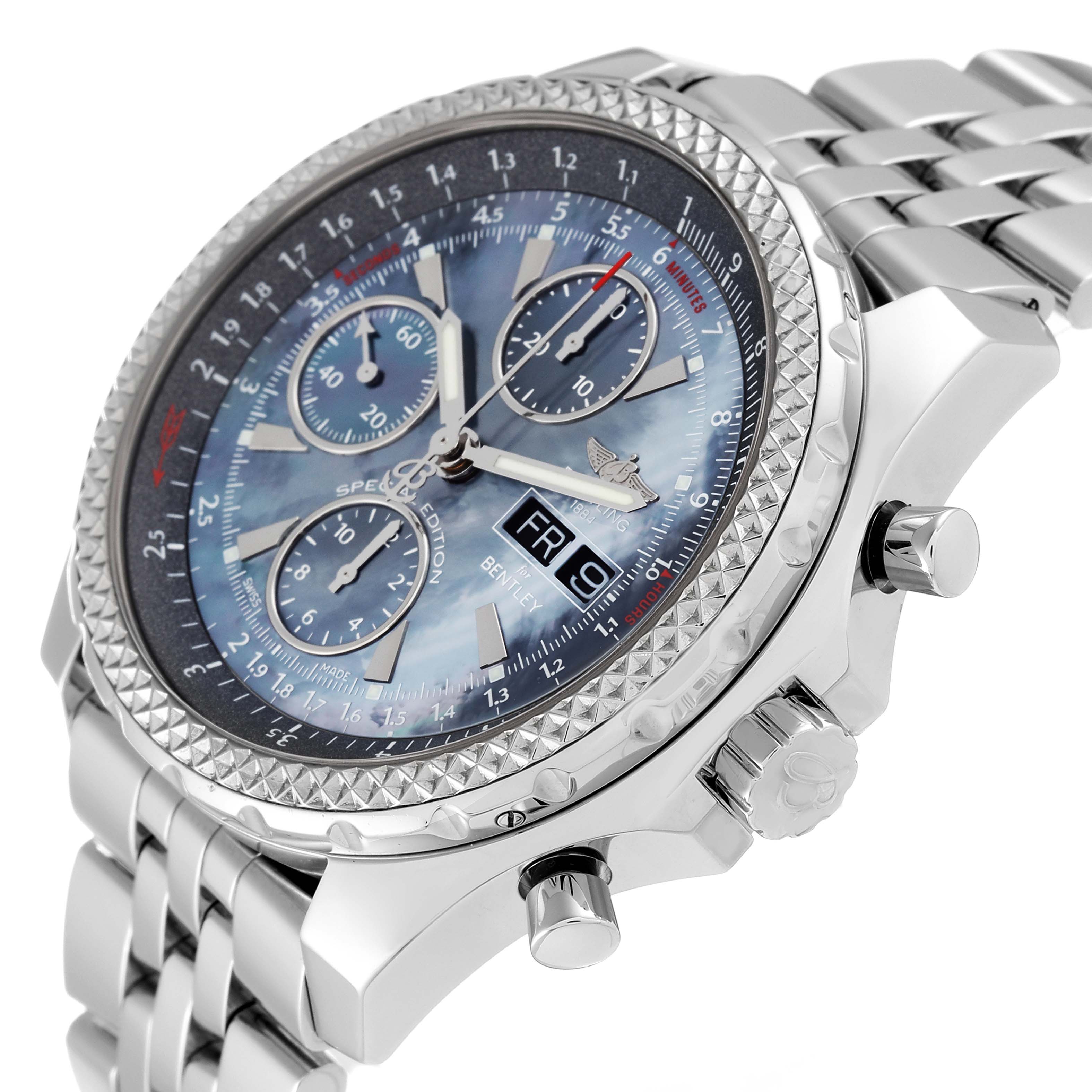 This image shows the Breitling Bentley A13362 Men's Stainless Steel Mother of Pearl Dial A13362 Men's Stainless Steel Mother of Pearl Dial watch at an angled view, displaying its face, bezel, crown, and part of the metal bracelet.