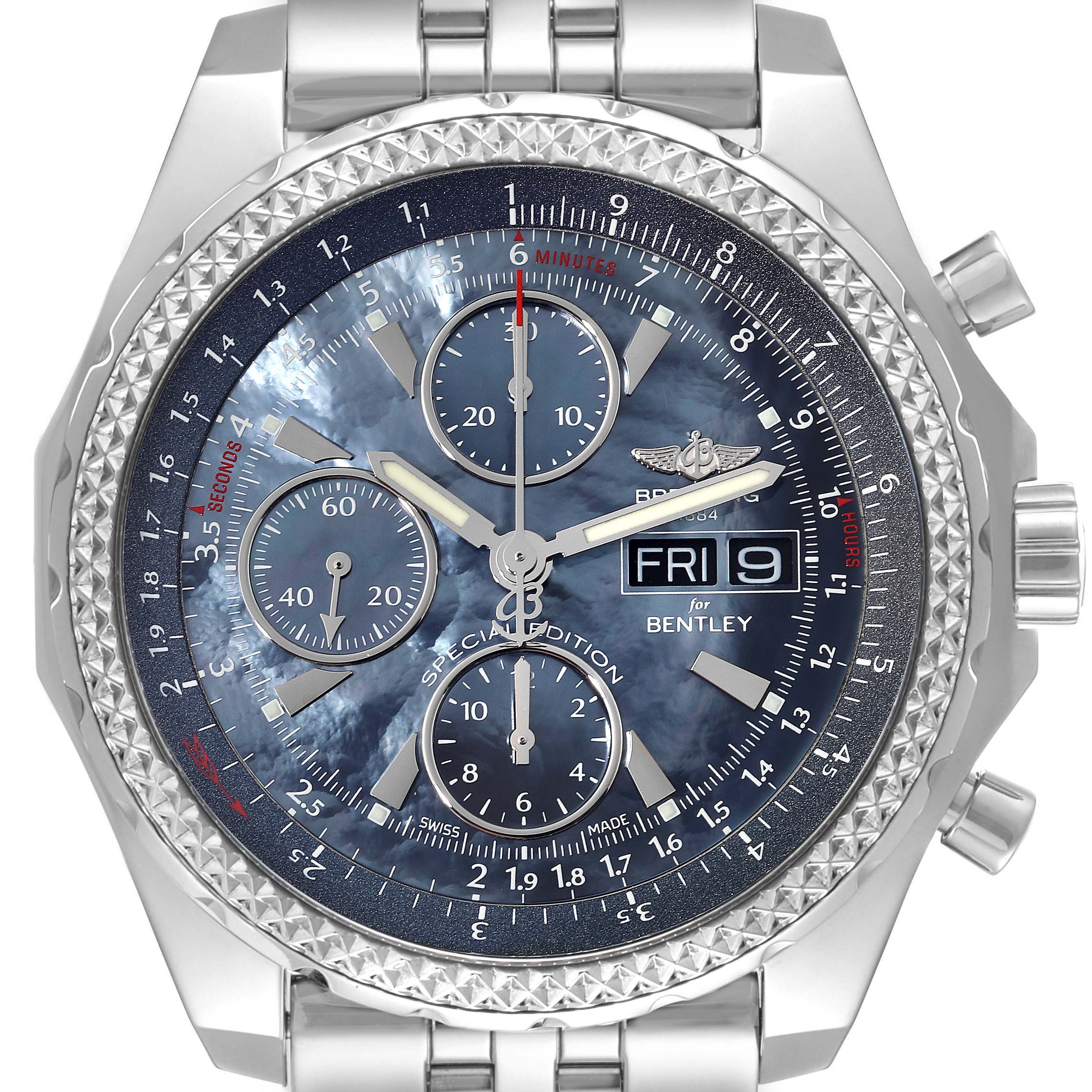 This image shows a front view of the Breitling Bentley A13362 Men's Stainless Steel Mother of Pearl Dial A13362 Men's Stainless Steel Mother of Pearl Dial watch, highlighting its dial, subdials, day/date display, and stainless steel casing and bracelet.