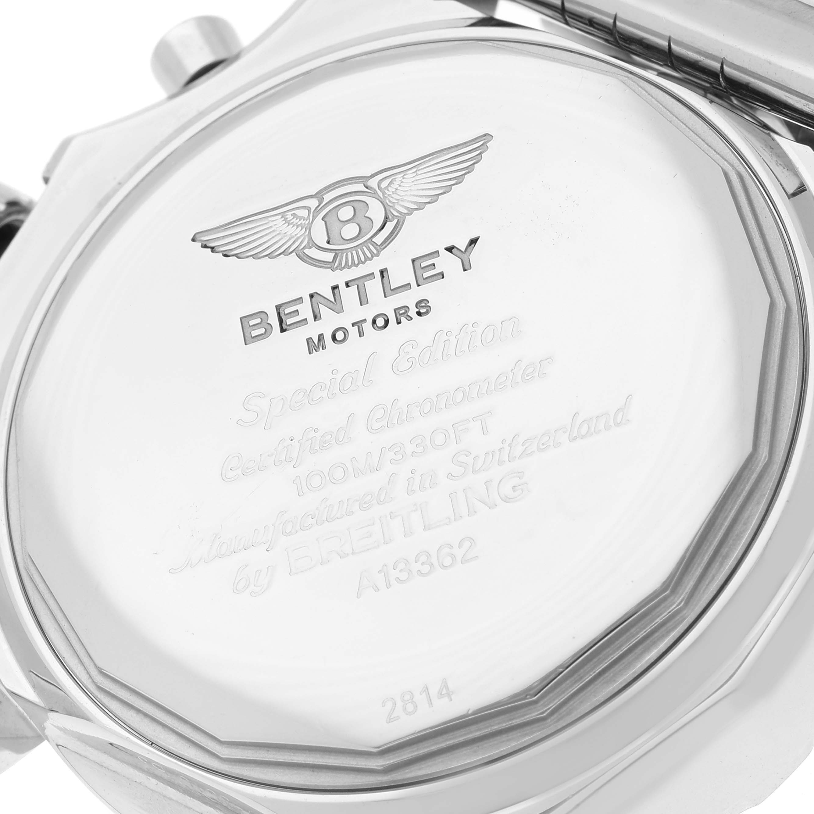 The image shows the back case of a Bentley model Breitling watch from a straight-on angle.