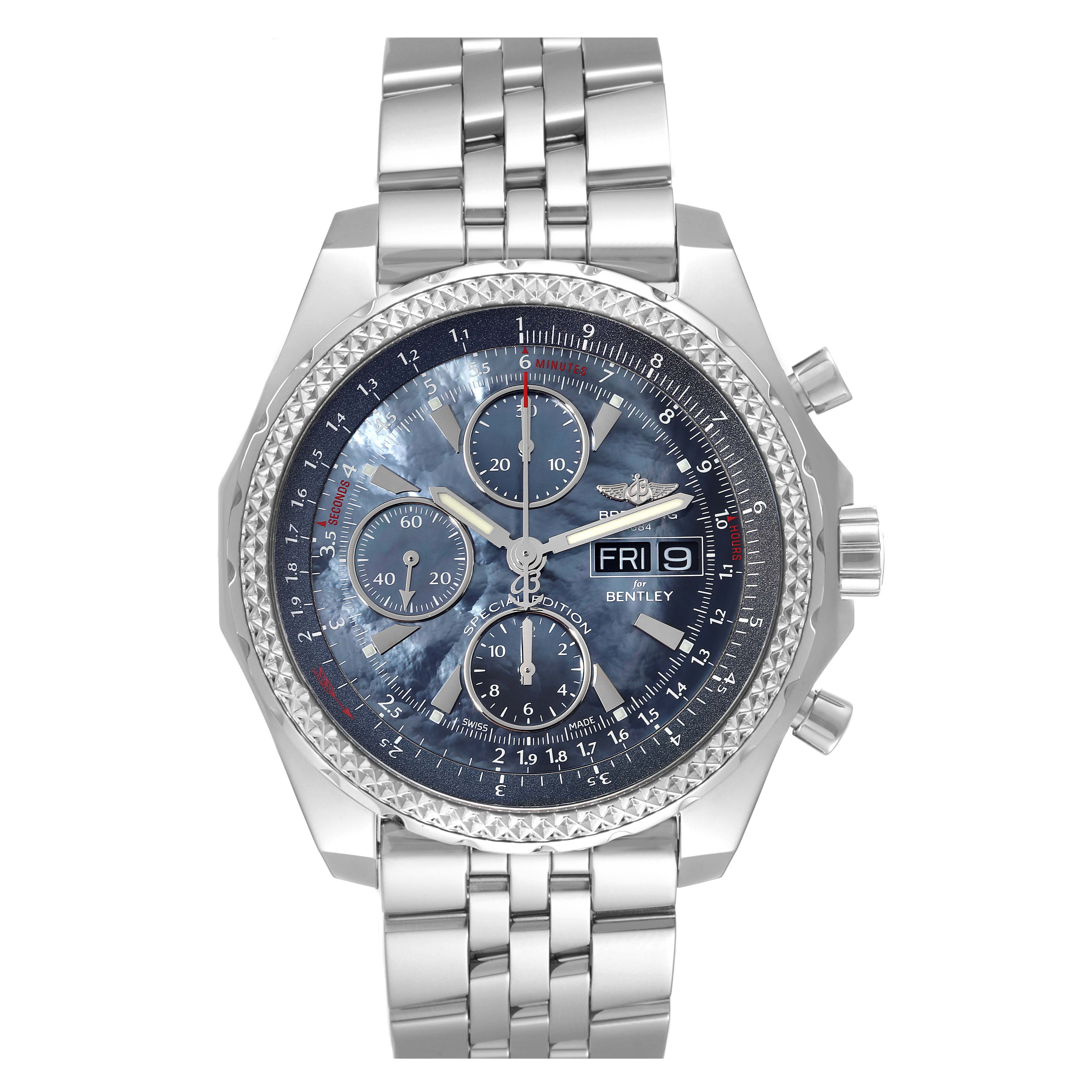 The image shows a front view of a Breitling Bentley A13362 Men's Stainless Steel Mother of Pearl Dial A13362 Men's Stainless Steel Mother of Pearl Dial watch, highlighting the face, bezel, and part of the metal bracelet.