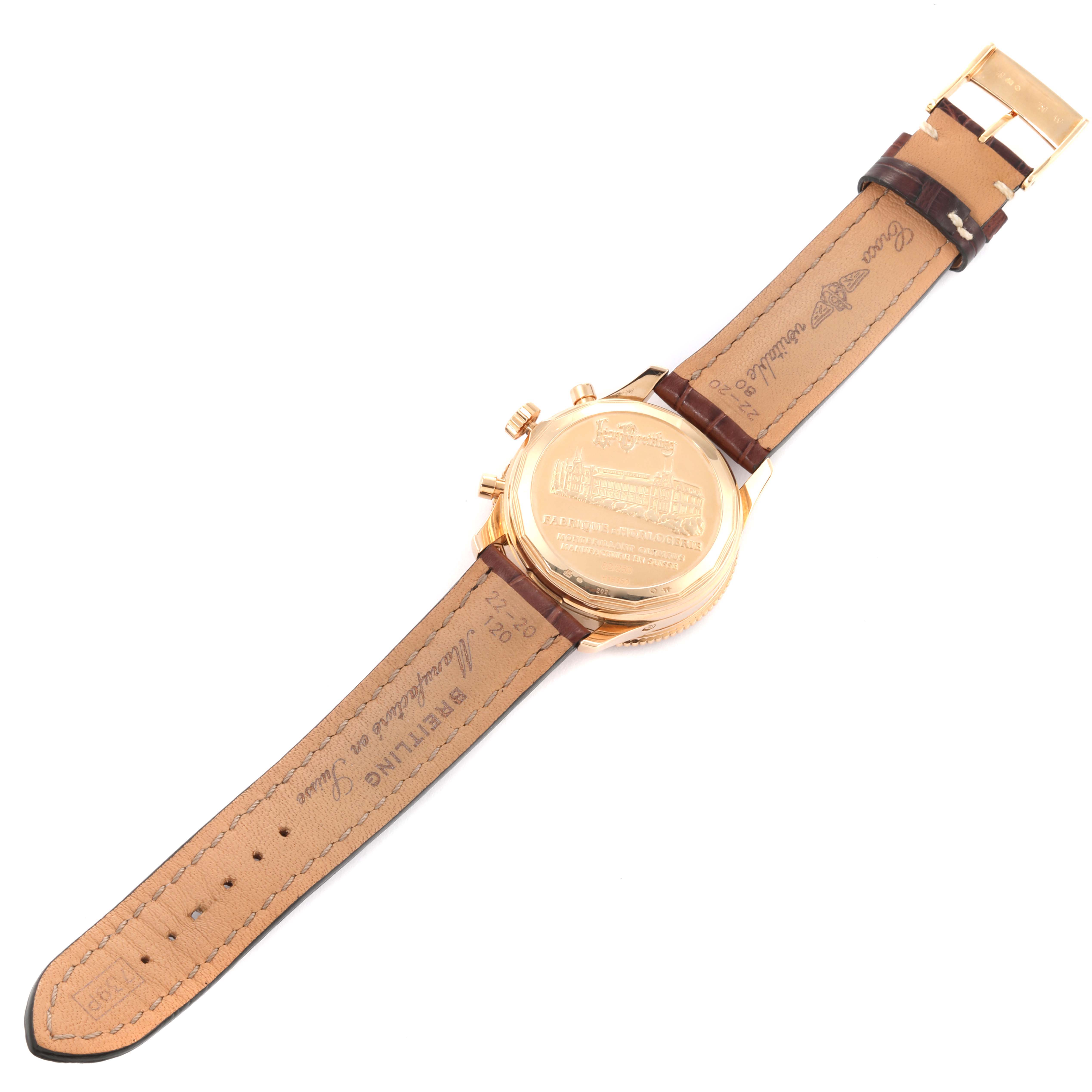 The image shows the back view of a Breitling Navitimer H19350 Men's Rose Gold Silver Dial H19350 Men's Rose Gold Silver Dial watch, including the case back and leather strap with visible stitching and branding.