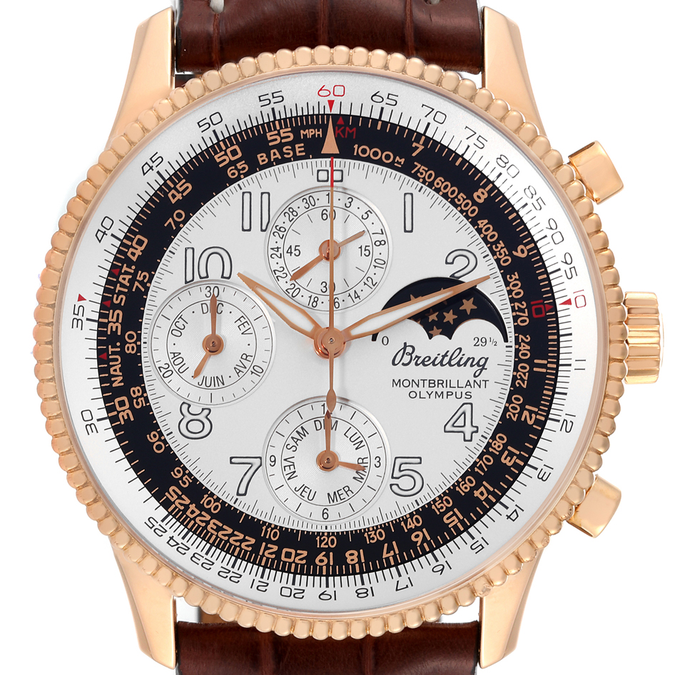 The image shows a close-up view of the Breitling Navitimer H19350 Men's Rose Gold Silver Dial H19350 Men's Rose Gold Silver Dial's face and bezel with a brown leather strap.