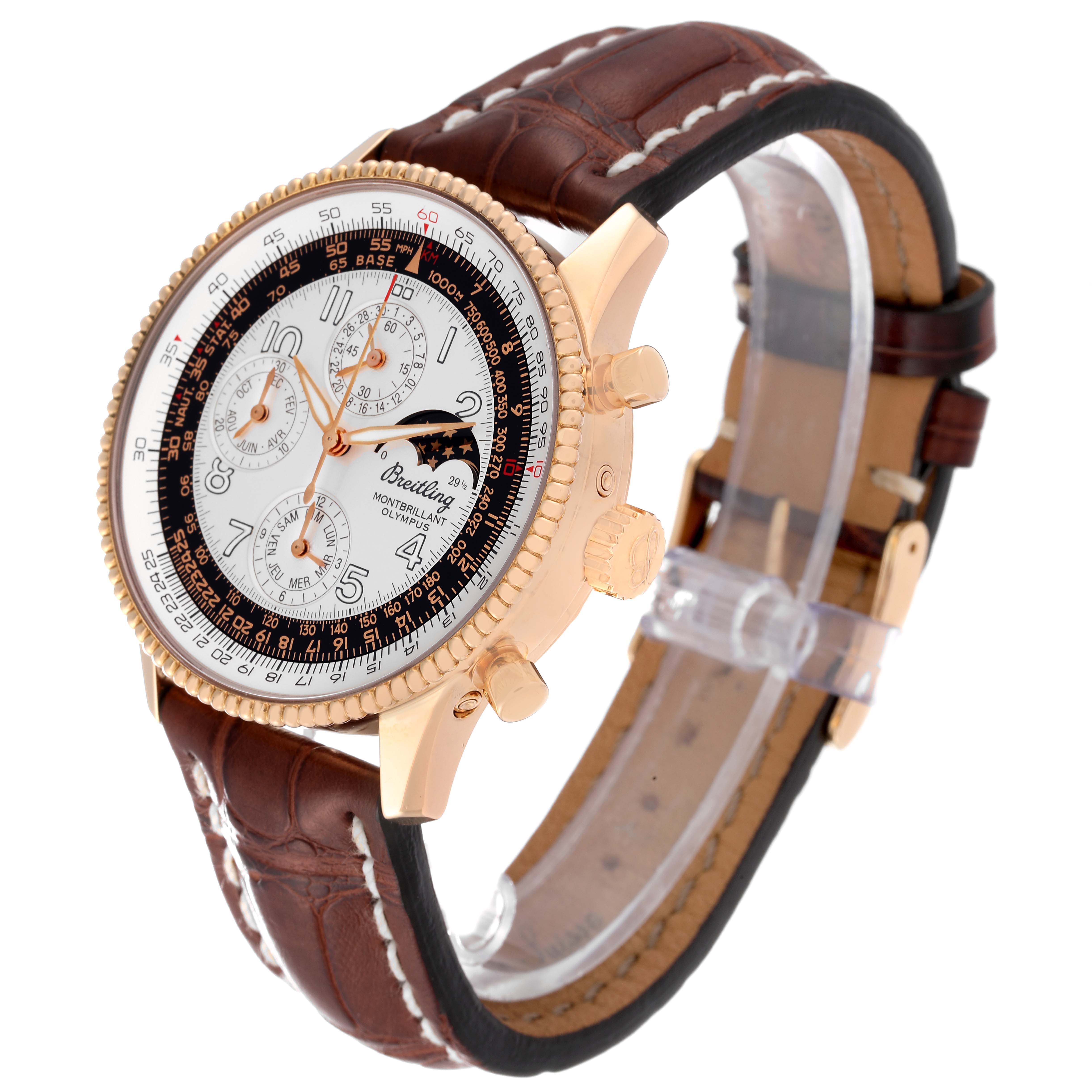 The image shows a Breitling Navitimer H19350 Men's Rose Gold Silver Dial H19350 Men's Rose Gold Silver Dial watch at a slight side angle, highlighting the dial, crown, pushers, and leather strap.