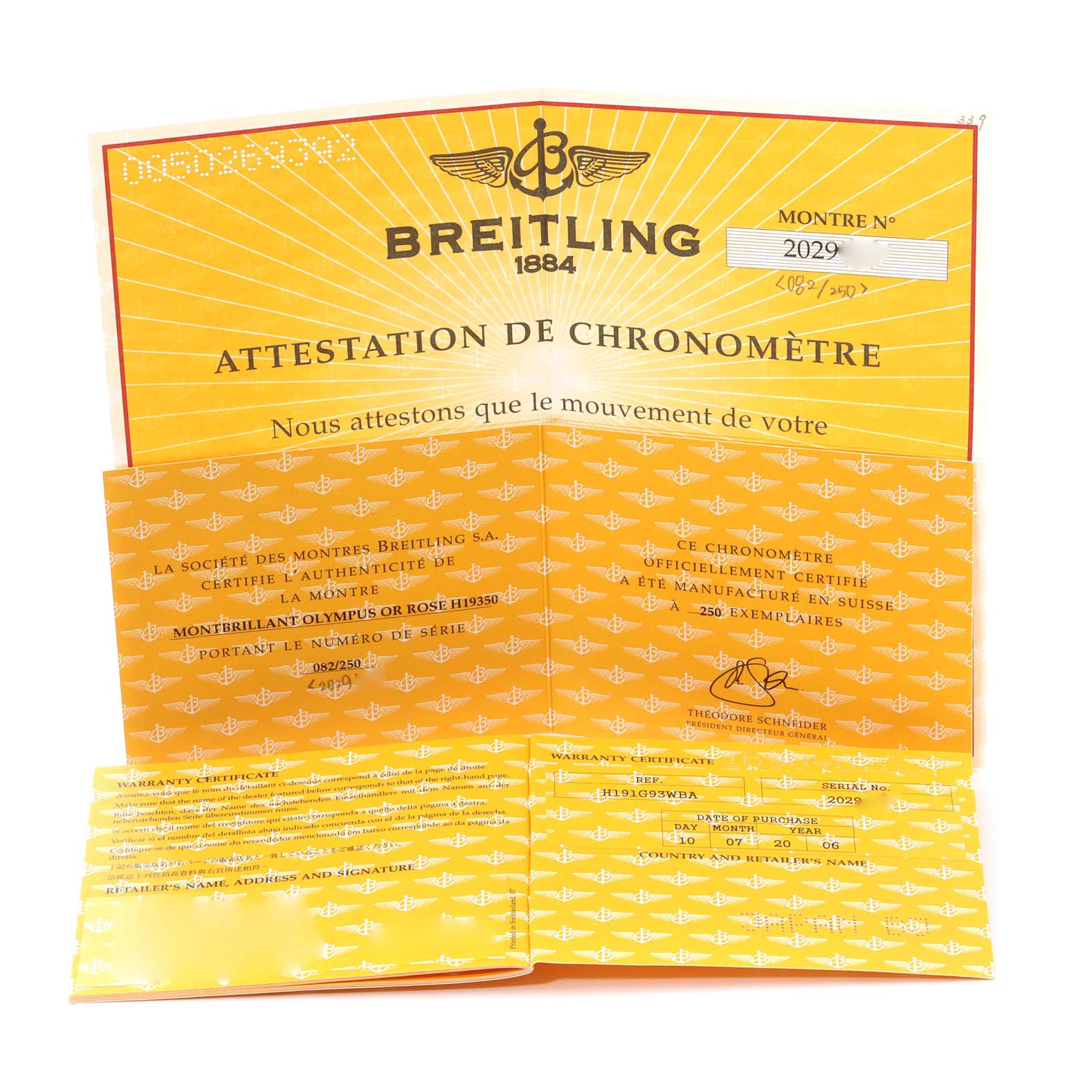 The image shows certificates and warranty papers for a Breitling Navitimer H19350 Men's Rose Gold Silver Dial H19350 Men's Rose Gold Silver Dial.