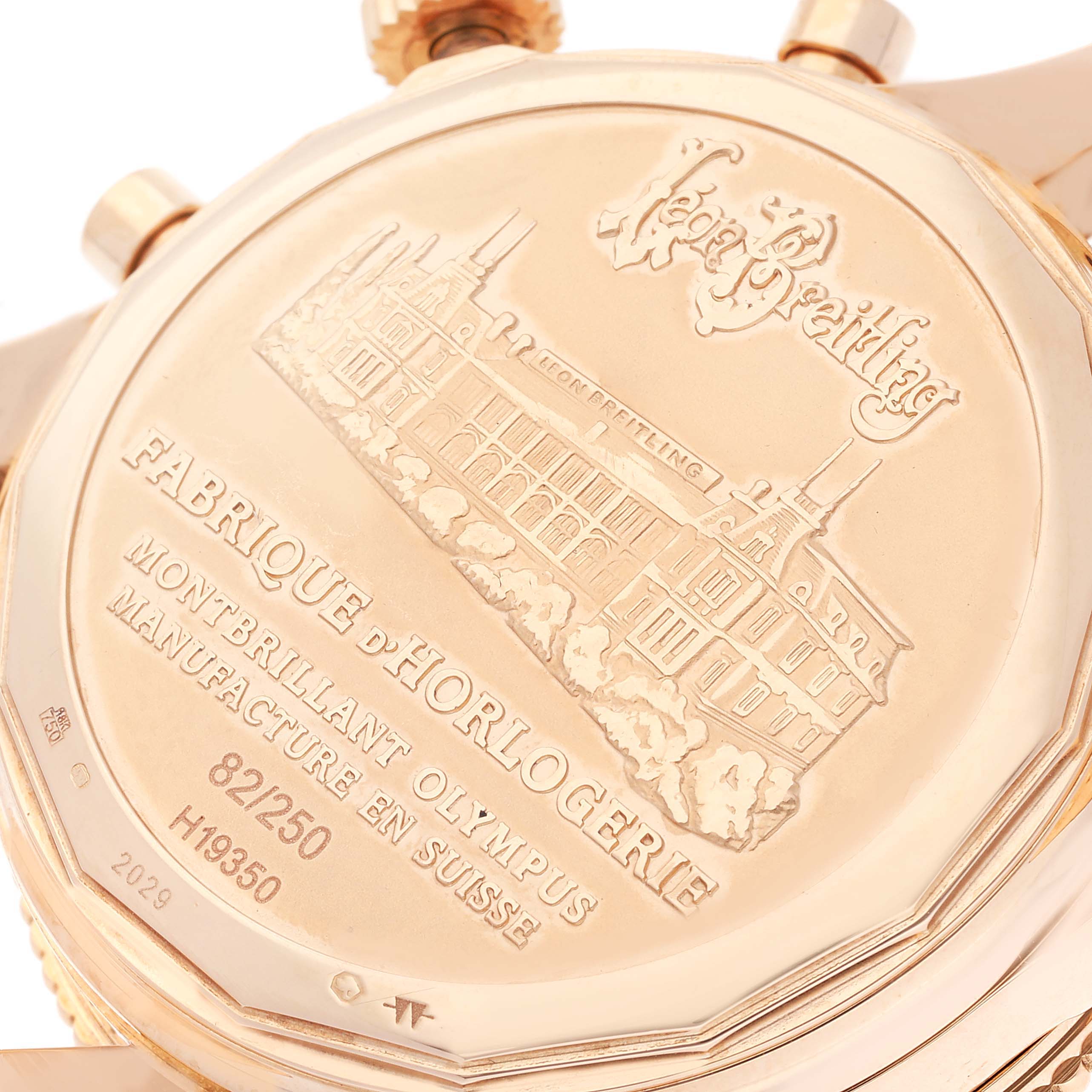 The image shows the engraved case back of the Breitling Navitimer H19350 Men's Rose Gold Silver Dial H19350 Men's Rose Gold Silver Dial watch.