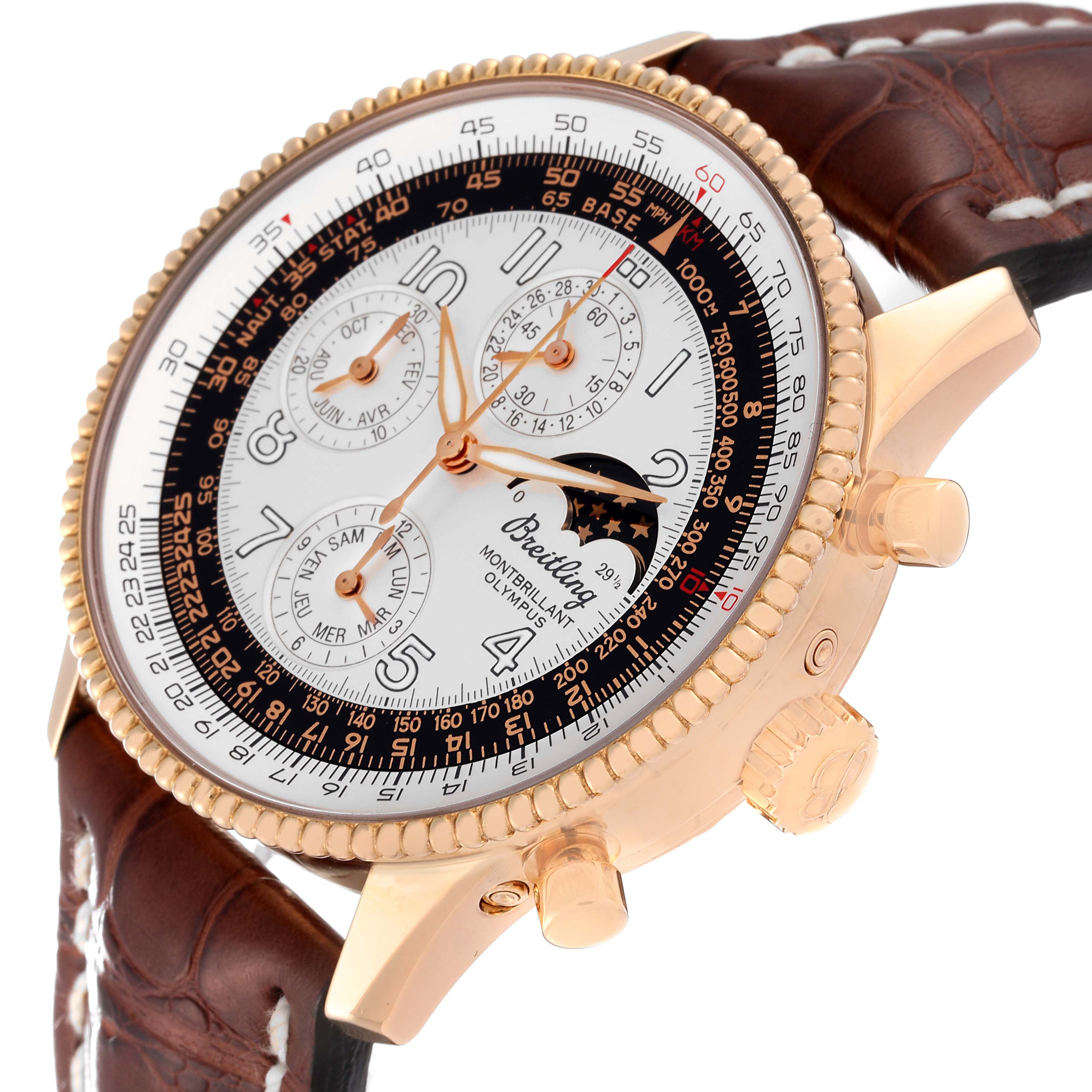 The image shows a close-up of the dial and side buttons of the Breitling Navitimer H19350 Men's Rose Gold Silver Dial H19350 Men's Rose Gold Silver Dial Montbrillant Olympus with a brown leather strap.