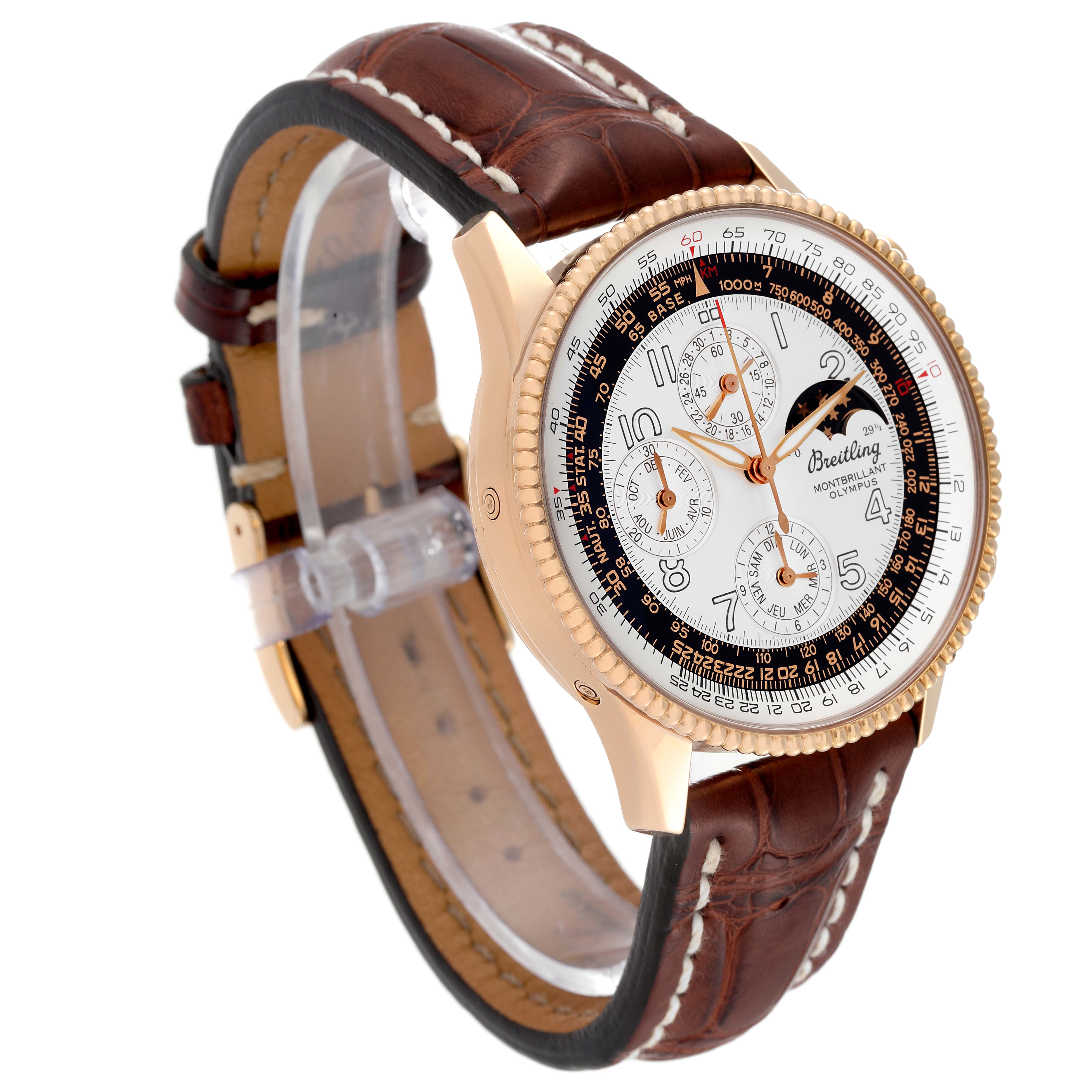 The image shows a Breitling Navitimer H19350 Men's Rose Gold Silver Dial H19350 Men's Rose Gold Silver Dial watch from an angled side view, highlighting the detailed dial, bezel, and leather strap.