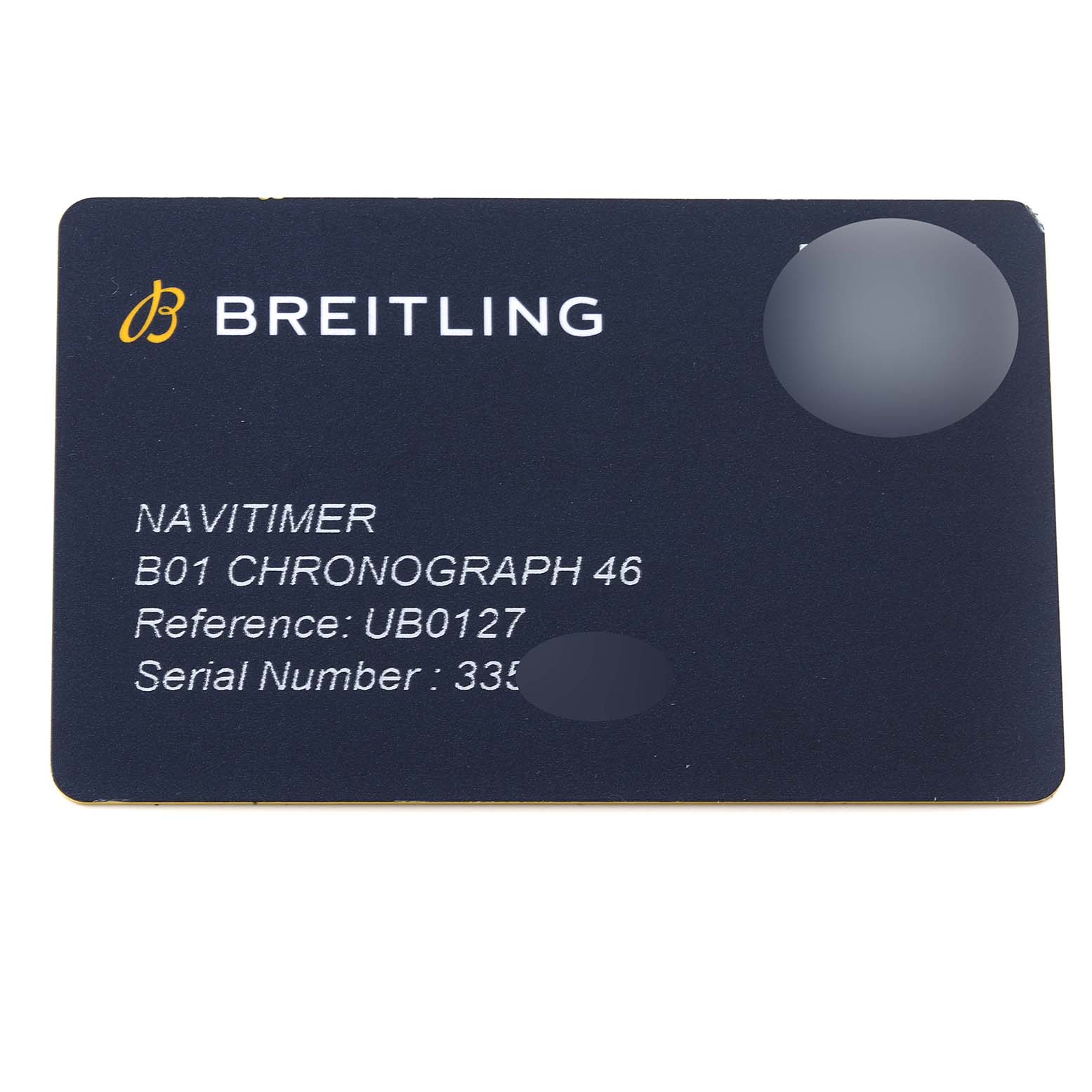 This image shows a warranty card for the Breitling Navitimer UB0127 Men
s Stainless Steel Black Dial UB0127 Men
s Stainless Steel Black Dial B01 Chronograph 46.