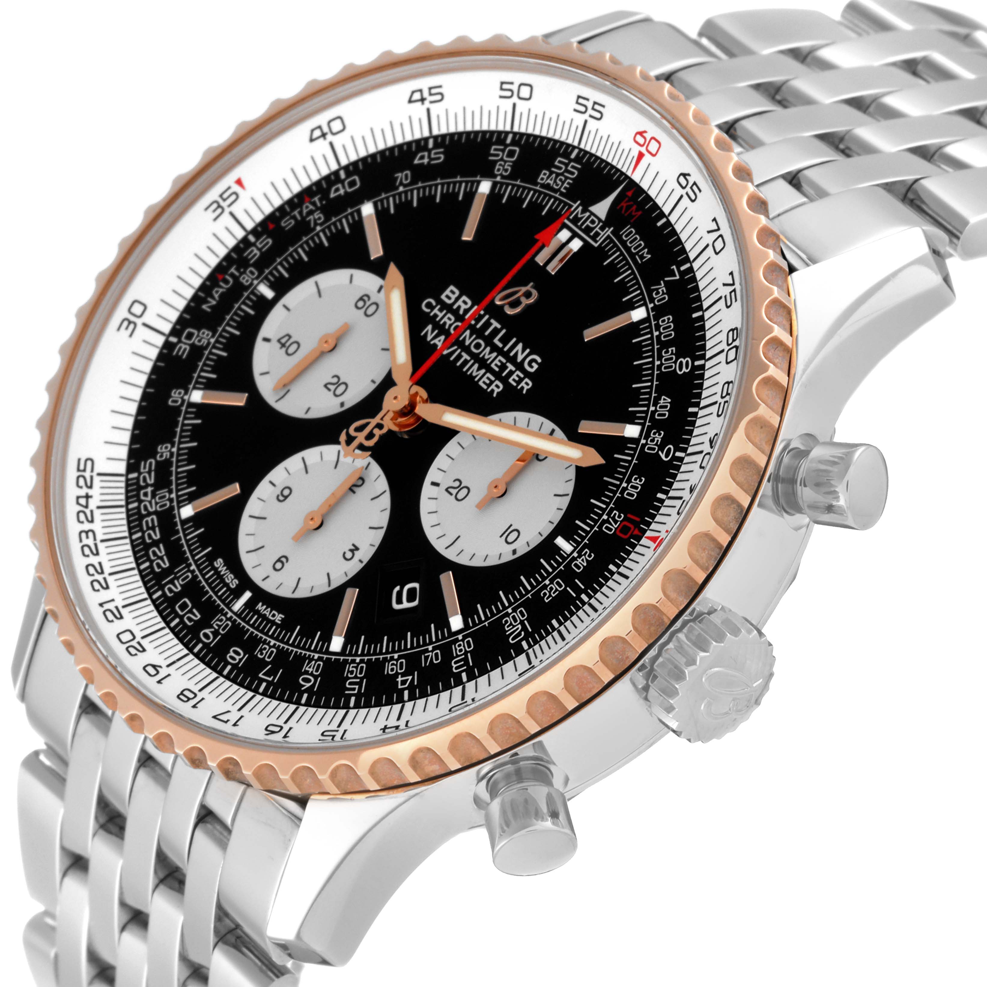 The image shows an angled view of the face and metal bracelet of a Breitling Navitimer UB0127 Men
s Stainless Steel Black Dial UB0127 Men
s Stainless Steel Black Dial watch, highlighting the bezel and chronograph dials.