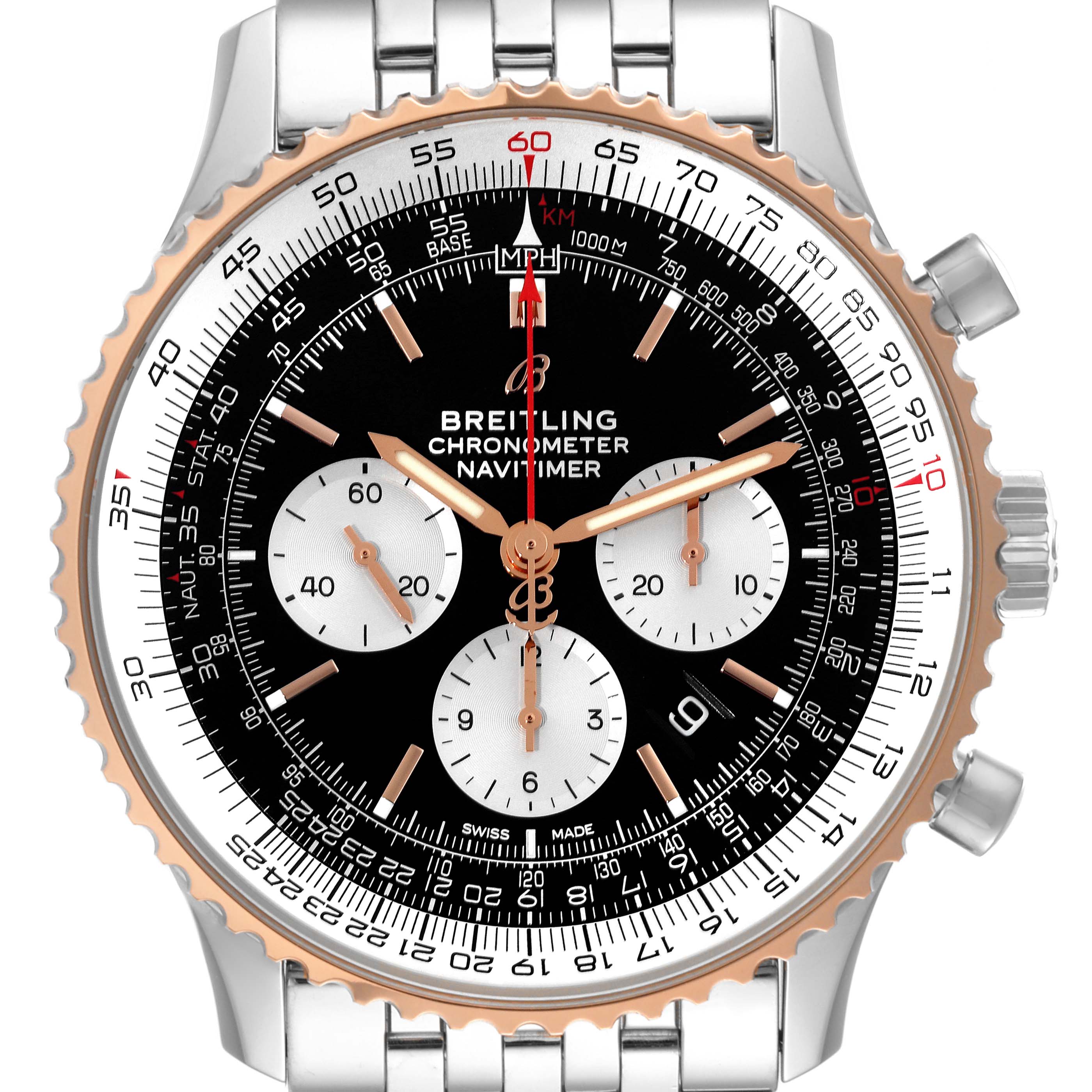 This image shows a front view of the Breitling Navitimer UB0127 Men
s Stainless Steel Black Dial UB0127 Men
s Stainless Steel Black Dial watch, highlighting its dial, bezel, and chronograph sub-dials.