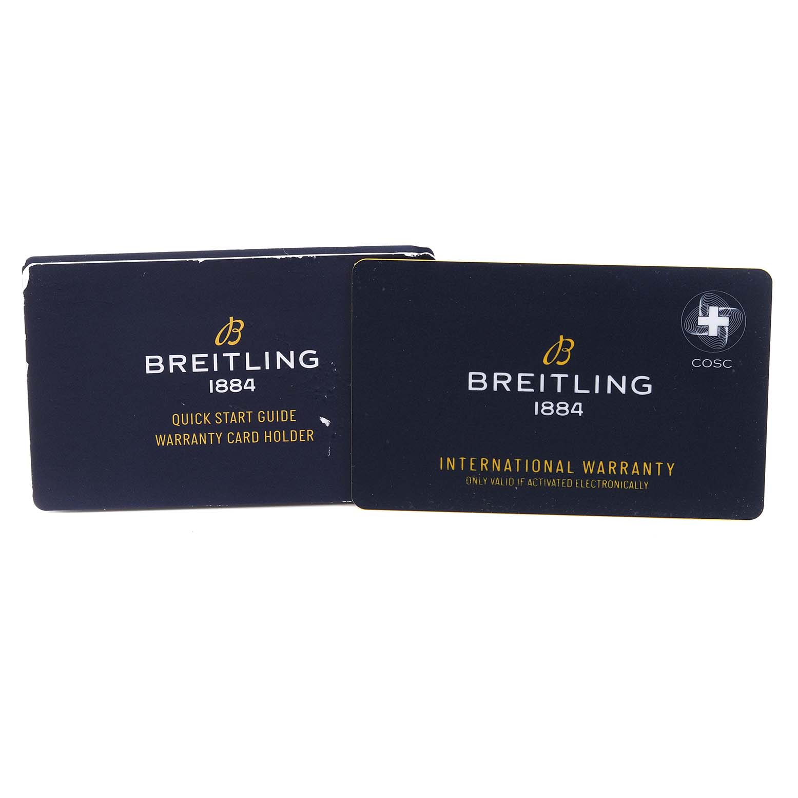 This image shows the Breitling Navitimer UB0127 Men
s Stainless Steel Black Dial UB0127 Men
s Stainless Steel Black Dial model
s Quick Start Guide and International Warranty card.