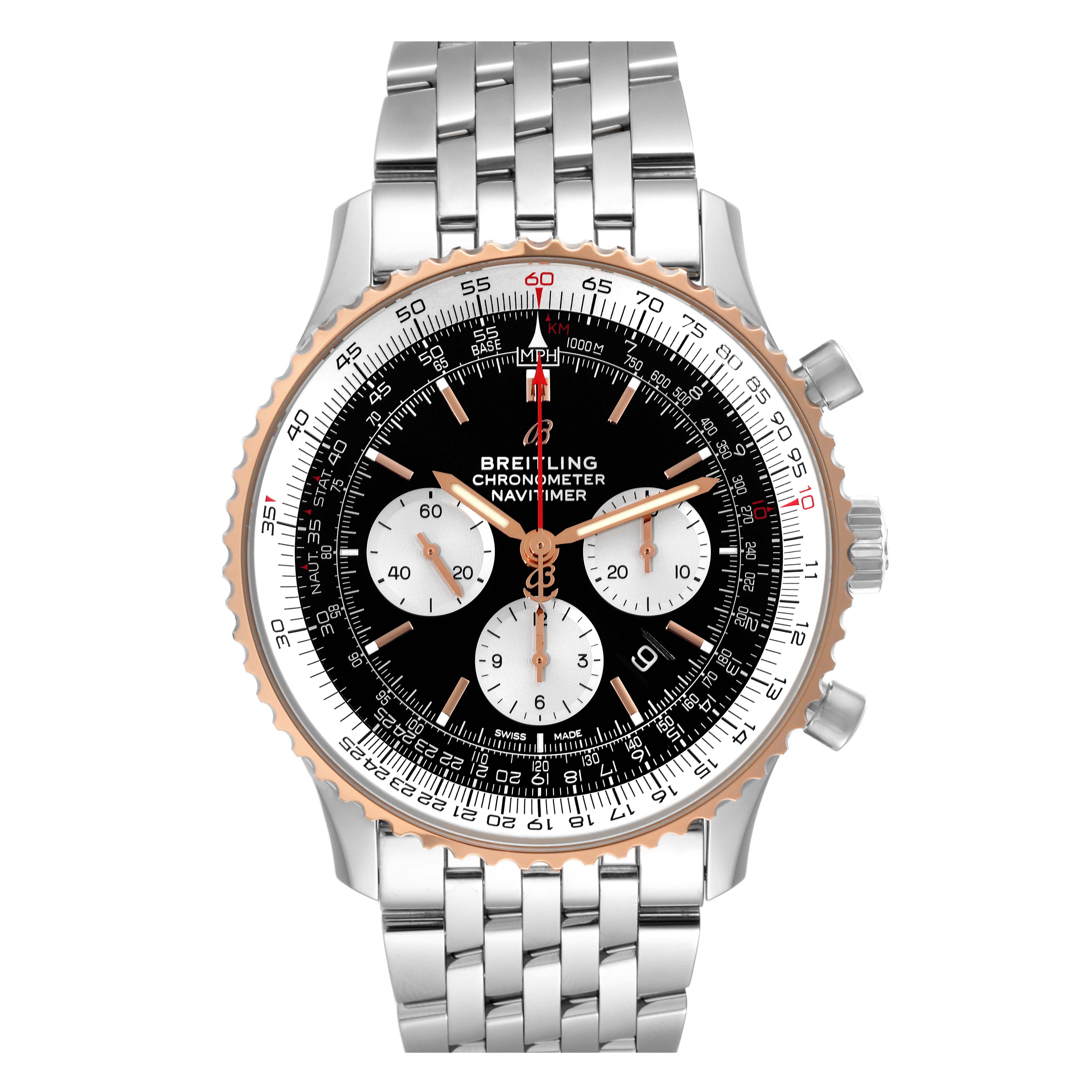 The image shows a front view of a Breitling Navitimer UB0127 Men
s Stainless Steel Black Dial UB0127 Men
s Stainless Steel Black Dial watch, displaying its dial, bezel, and stainless steel bracelet.