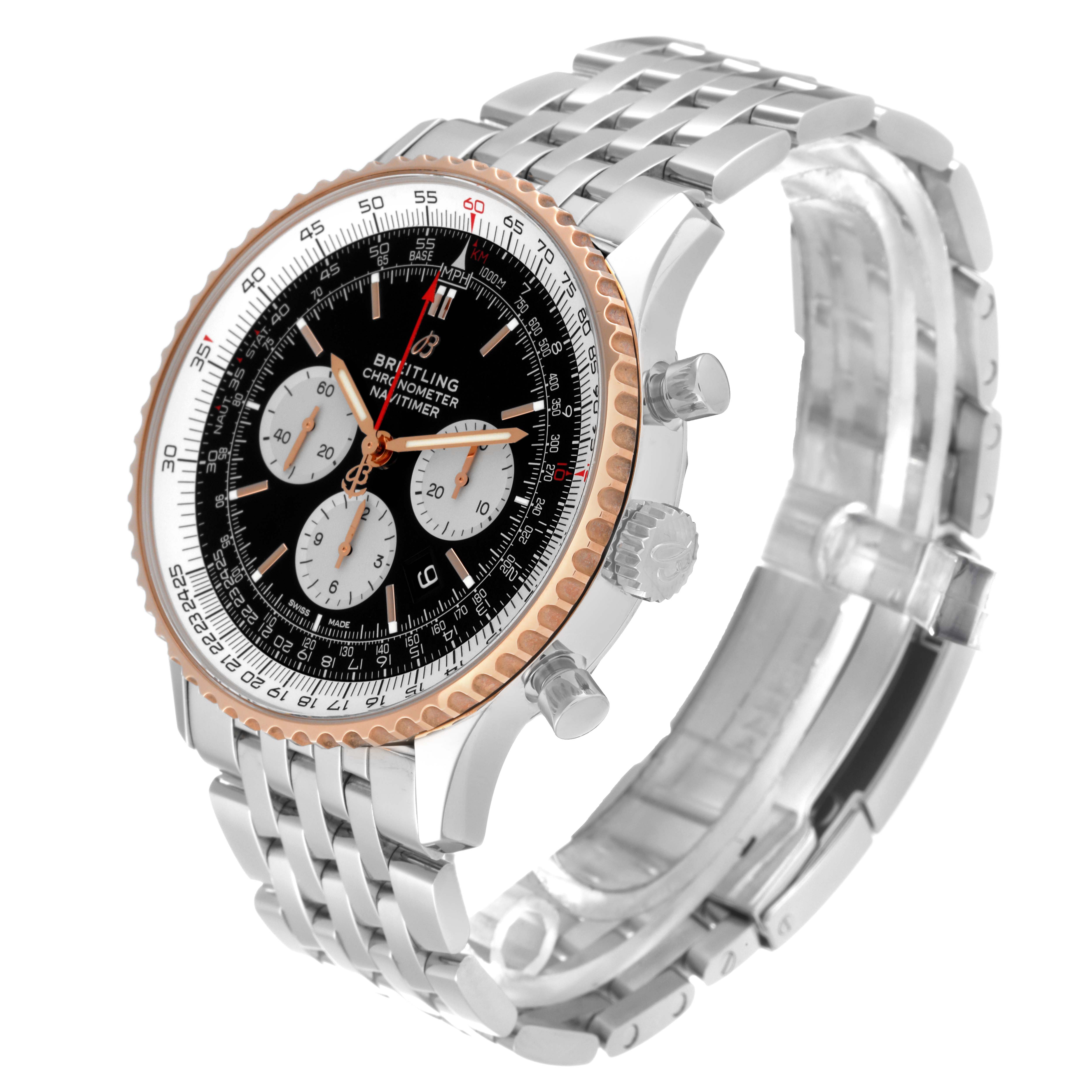 This image shows a Breitling Navitimer UB0127 Men
s Stainless Steel Black Dial UB0127 Men
s Stainless Steel Black Dial watch from a three-quarter front angle, highlighting its face, bezel, and stainless steel bracelet.