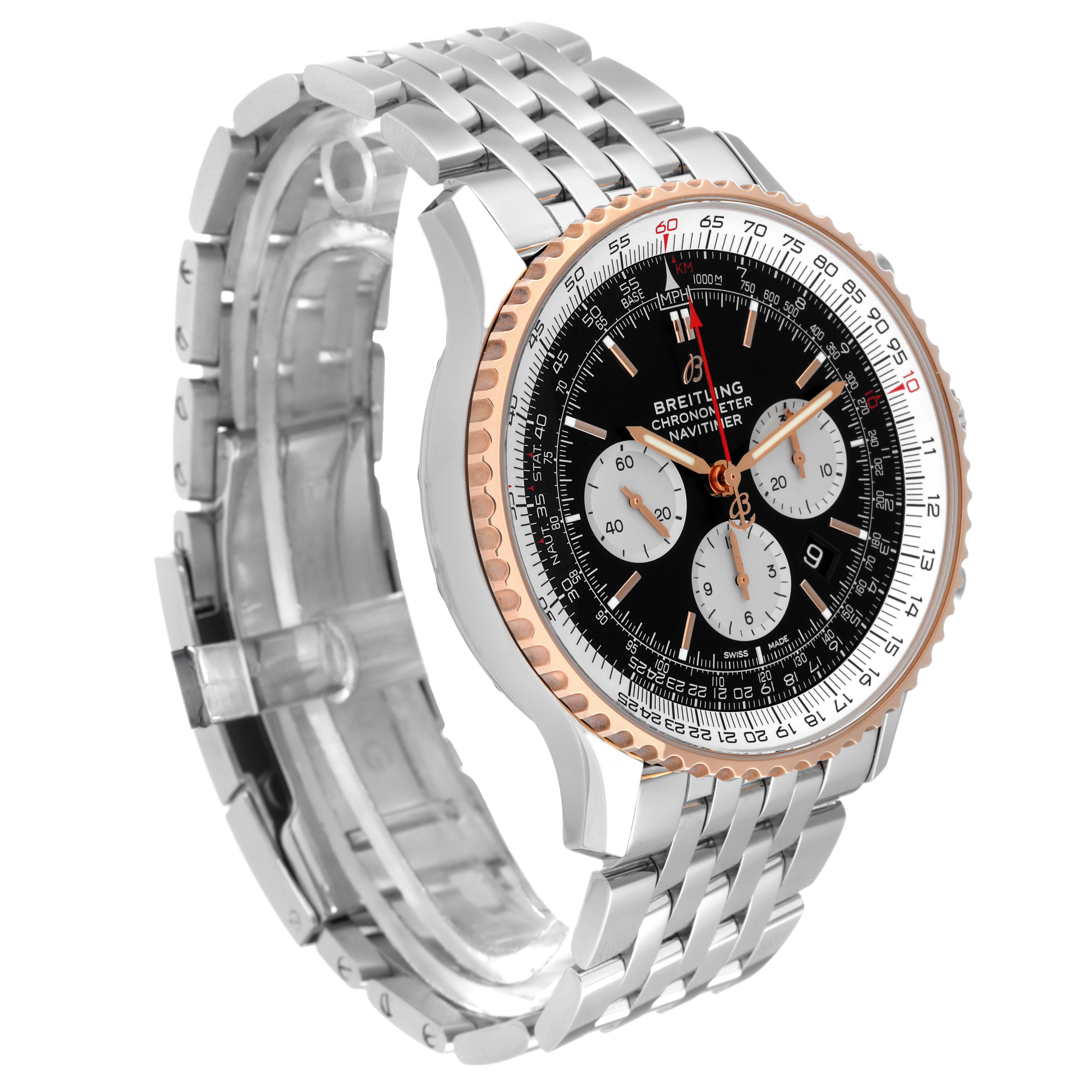 This is a Breitling Navitimer UB0127 Men
s Stainless Steel Black Dial UB0127 Men
s Stainless Steel Black Dial watch shown at a three-quarter angle, highlighting its face, bezel, and metal bracelet.