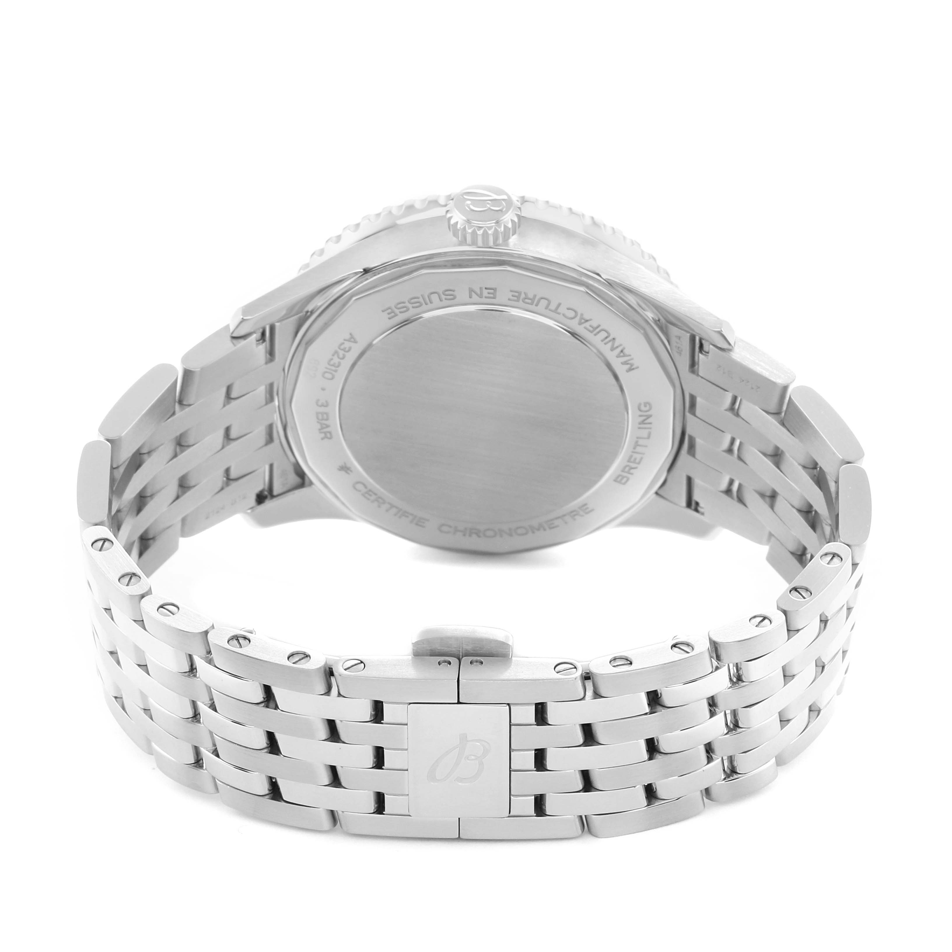 The image shows the back angle of the Breitling Navitimer A32310 Men
s Stainless Steel Blue Dial watch, highlighting the case back and metal bracelet.