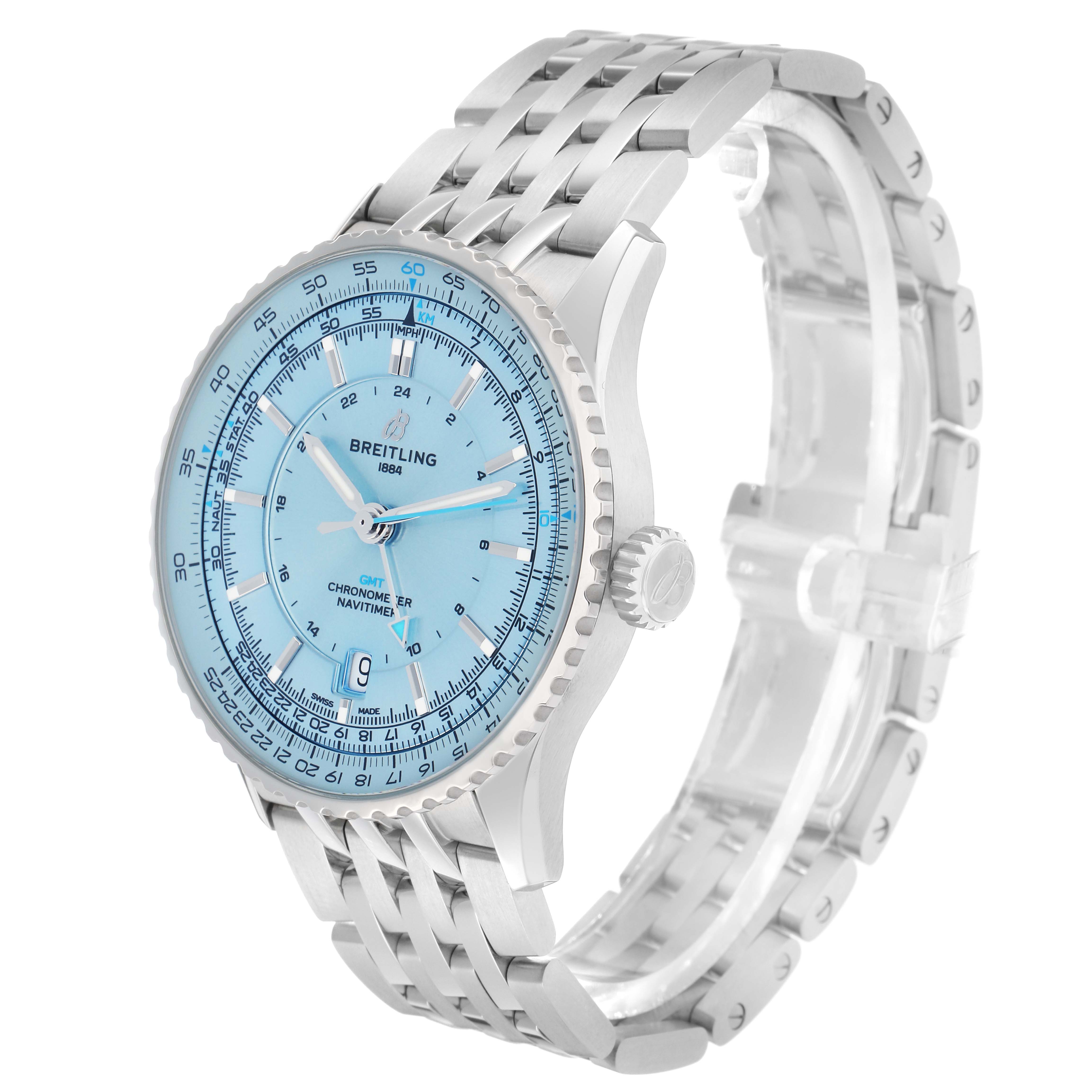 The Breitling Navitimer A32310 Men
s Stainless Steel Blue Dial is shown at a three-quarter angle, displaying the face, case, crown, and metal bracelet.