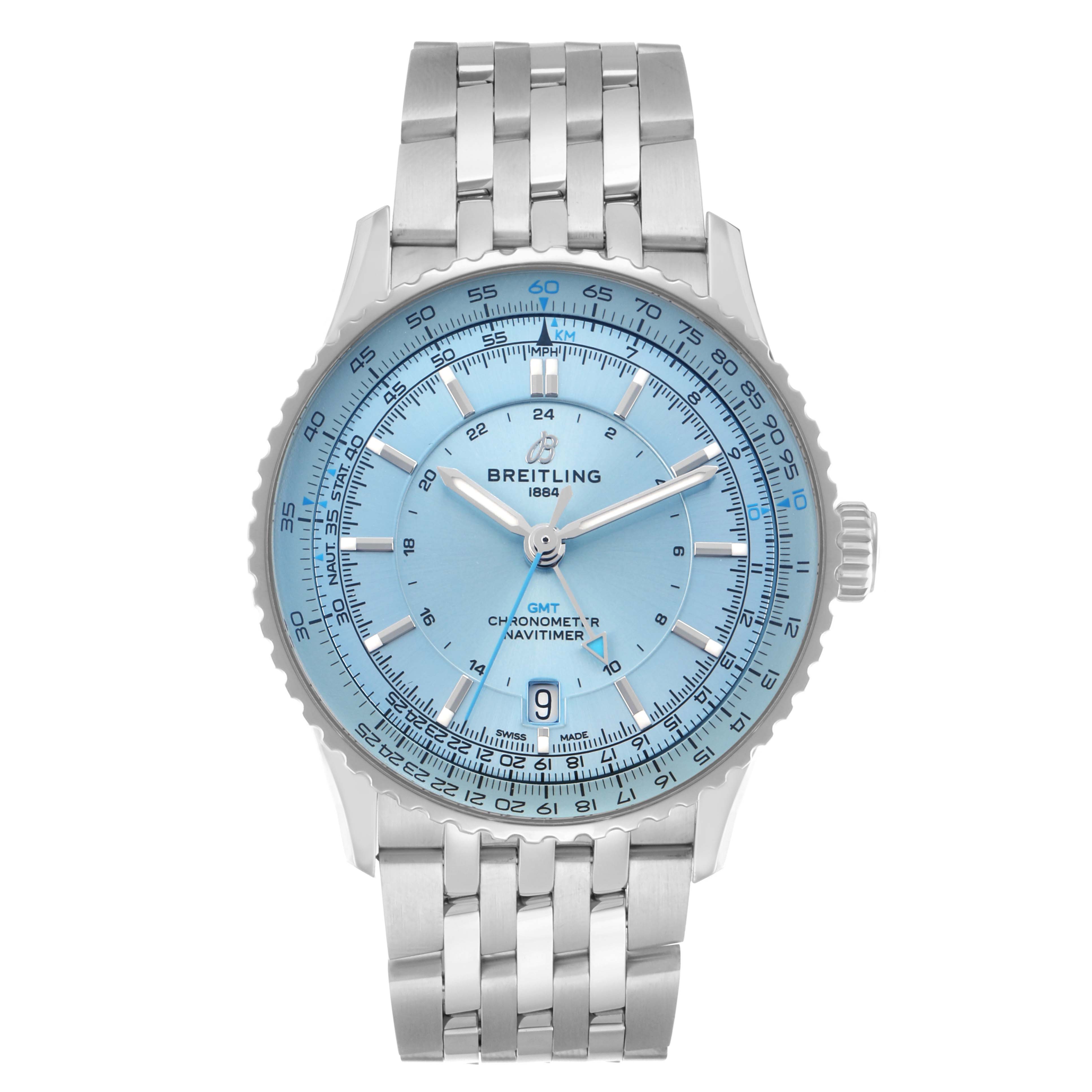 The image shows a front view of a Breitling Navitimer A32310 Men
s Stainless Steel Blue Dial watch displaying its dial, bezel, crown, and bracelet.