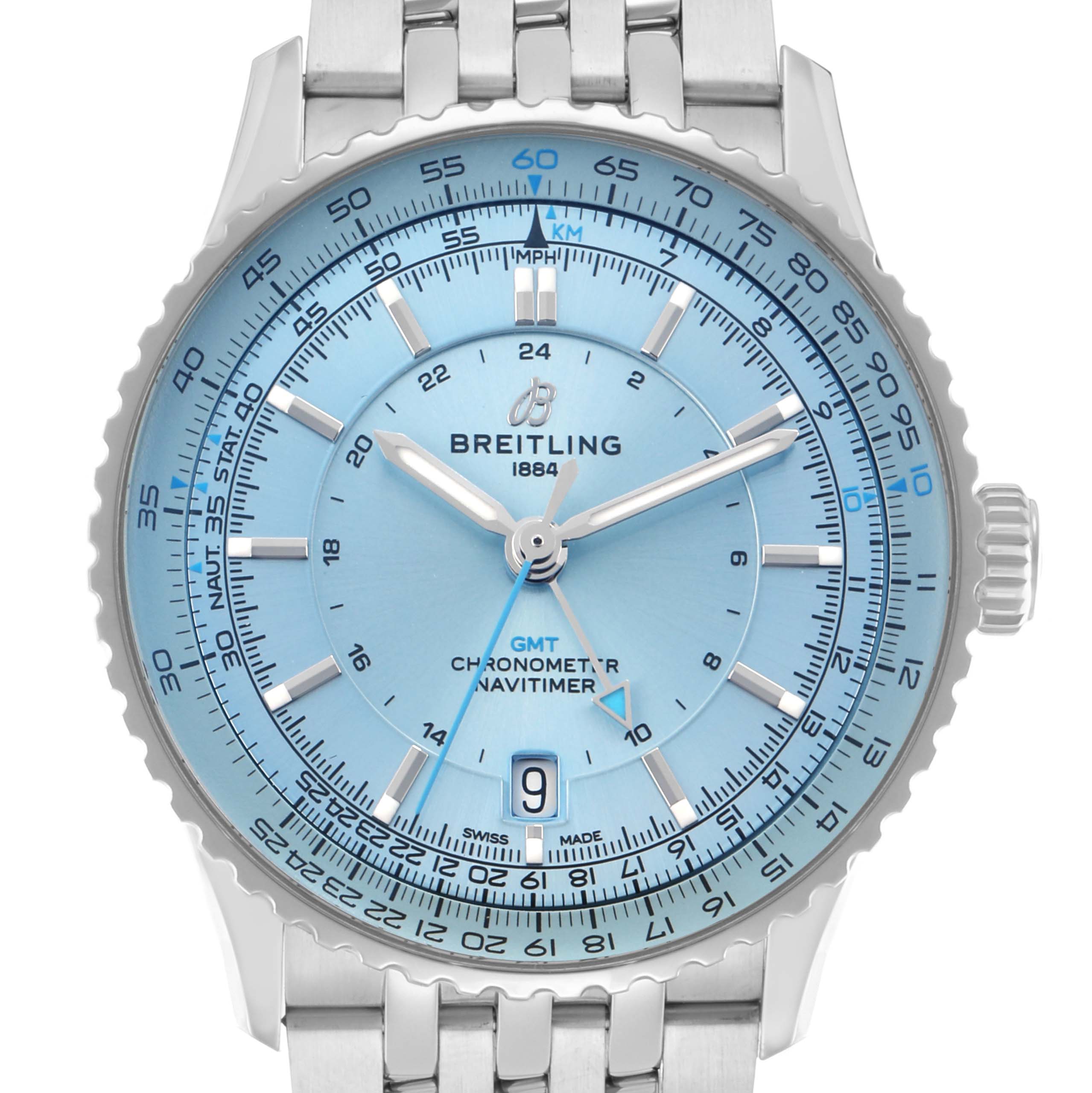 This Breitling Navitimer A32310 Men
s Stainless Steel Blue Dial watch is shown from the front, highlighting its face, bezel, and partial bracelet.