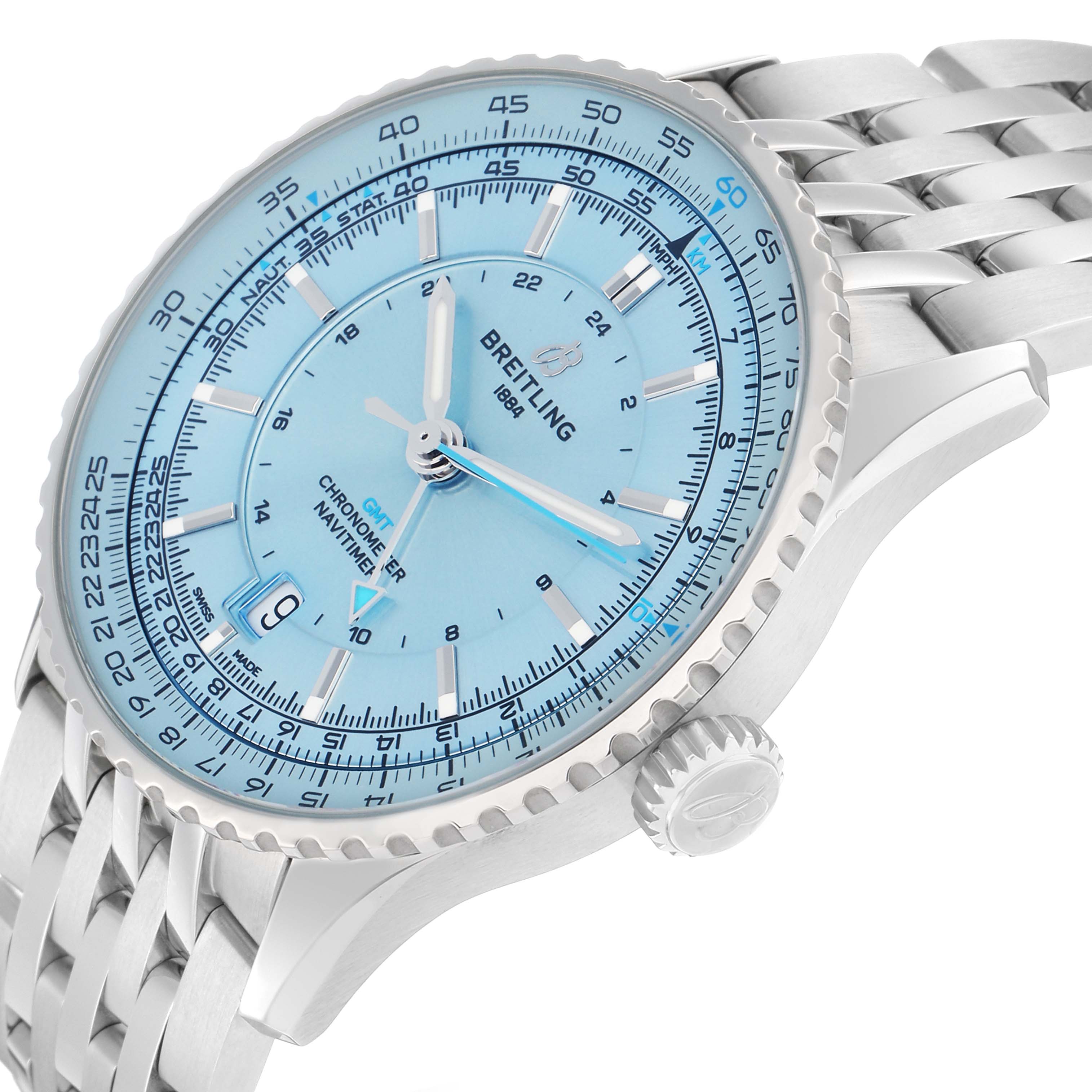 The Breitling Navitimer A32310 Men
s Stainless Steel Blue Dial watch is shown at an angled side view, highlighting the dial, case, bezel, and part of the bracelet.