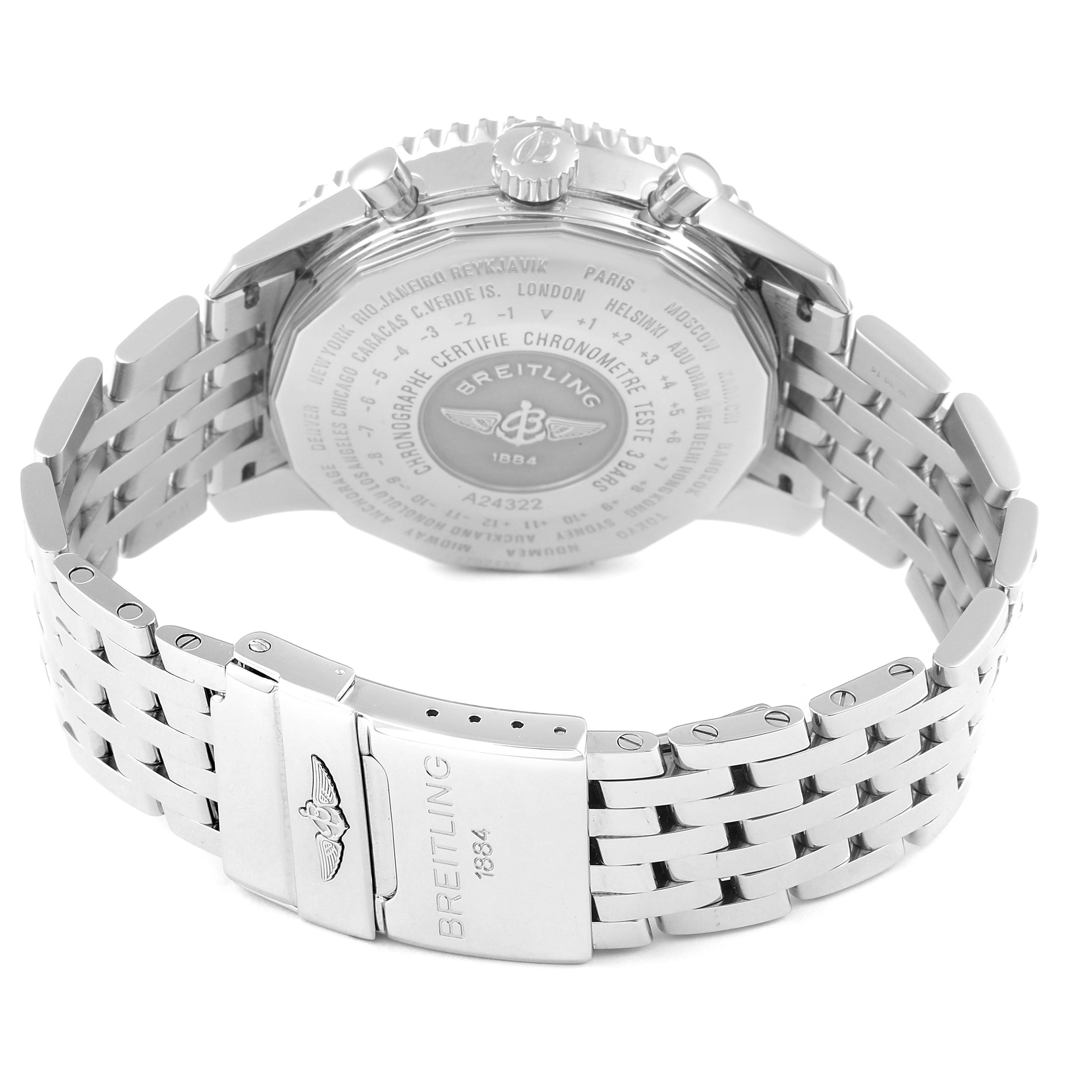 The image shows the back view of a Breitling Navitimer A24322 Men's Stainless Steel Black Dial A24322 Men's Stainless Steel Black Dial watch, displaying its engraved case back and the metal bracelet and clasp.