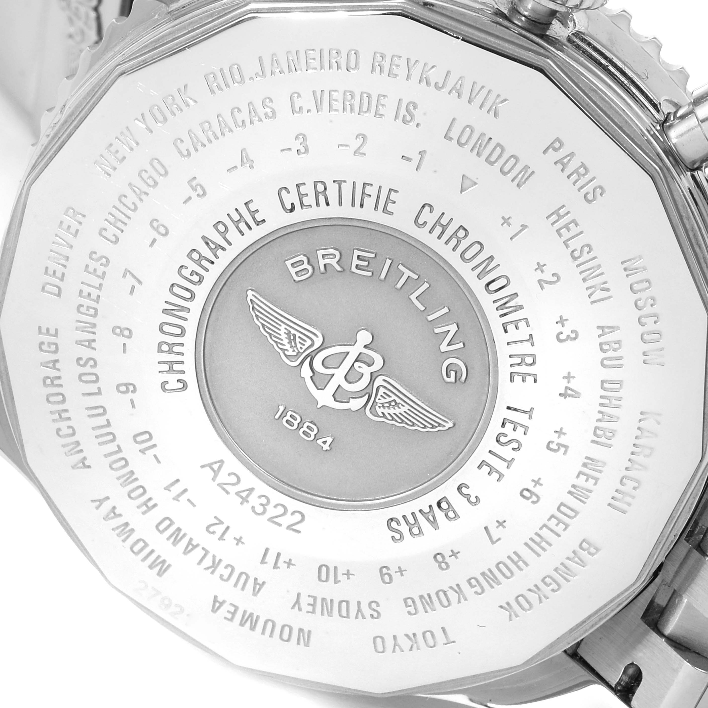 The image shows the back case of a Breitling Navitimer A24322 Men's Stainless Steel Black Dial A24322 Men's Stainless Steel Black Dial watch with world time zones and engravings.